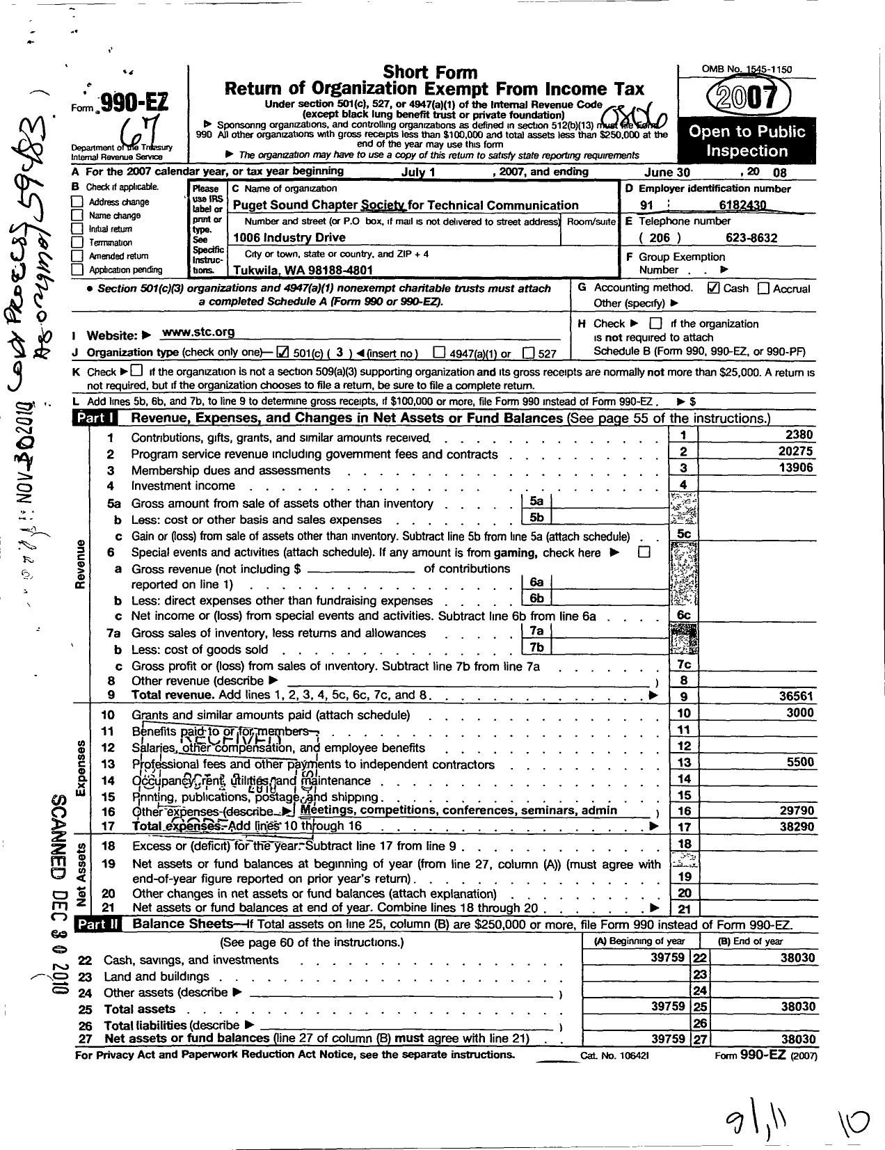 Image of first page of 2007 Form 990EZ for Society for Technical Communication / Puget Sound Chapter