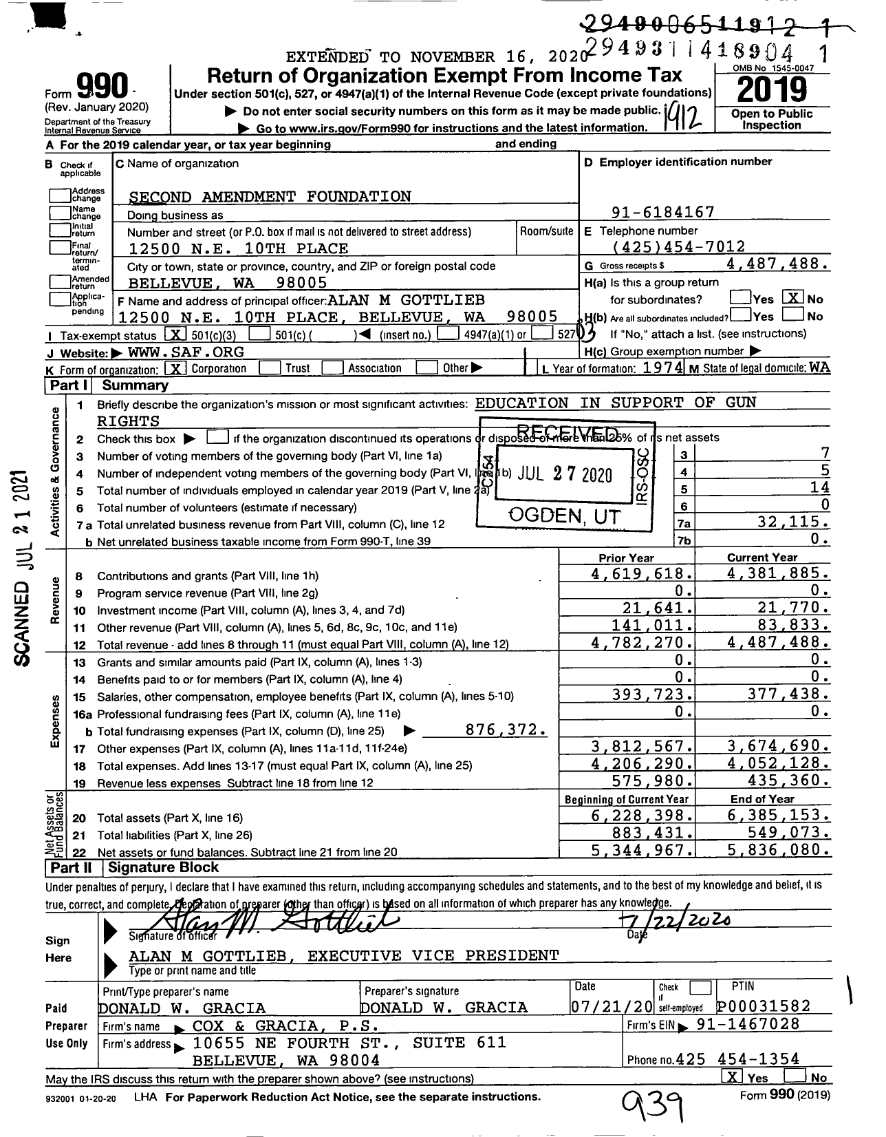 Image of first page of 2019 Form 990 for Second Amendment Foundation