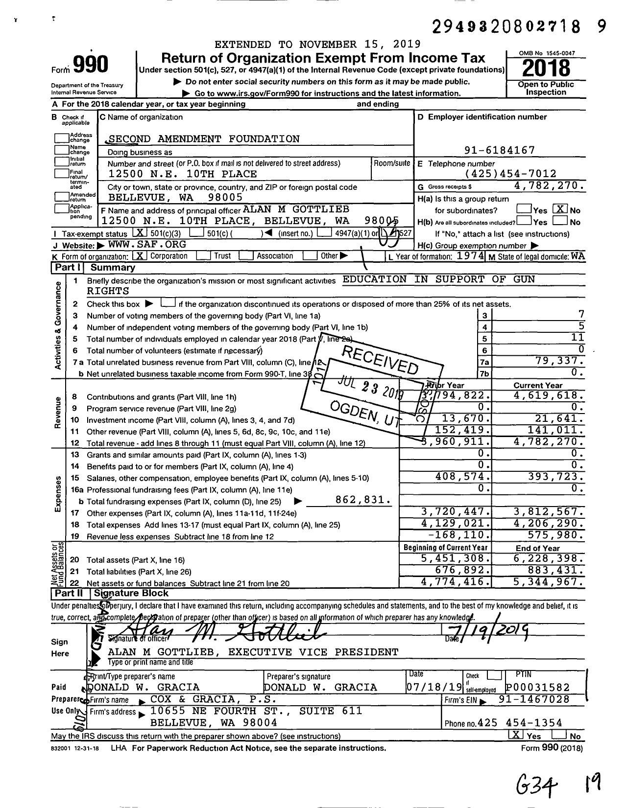 Image of first page of 2018 Form 990 for Second Amendment Foundation