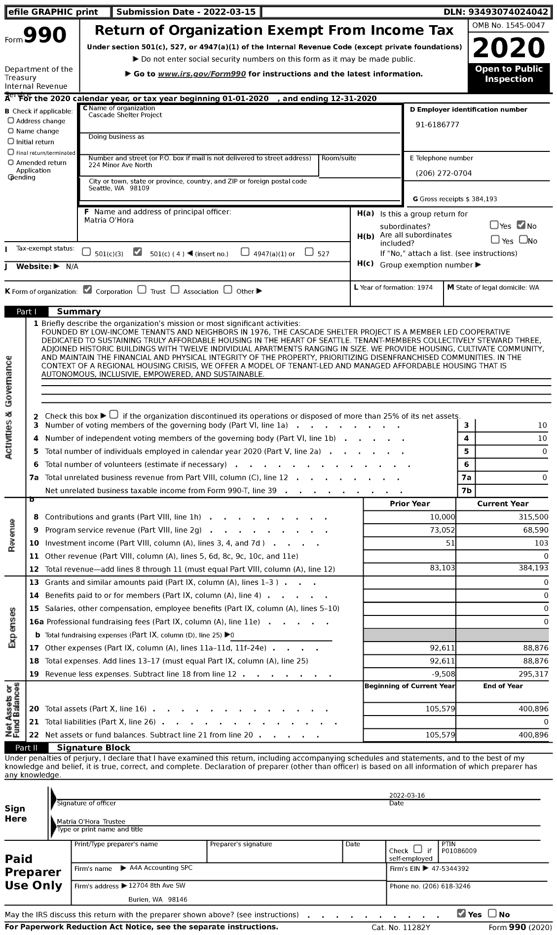 Image of first page of 2020 Form 990 for Cascade Shelter Project