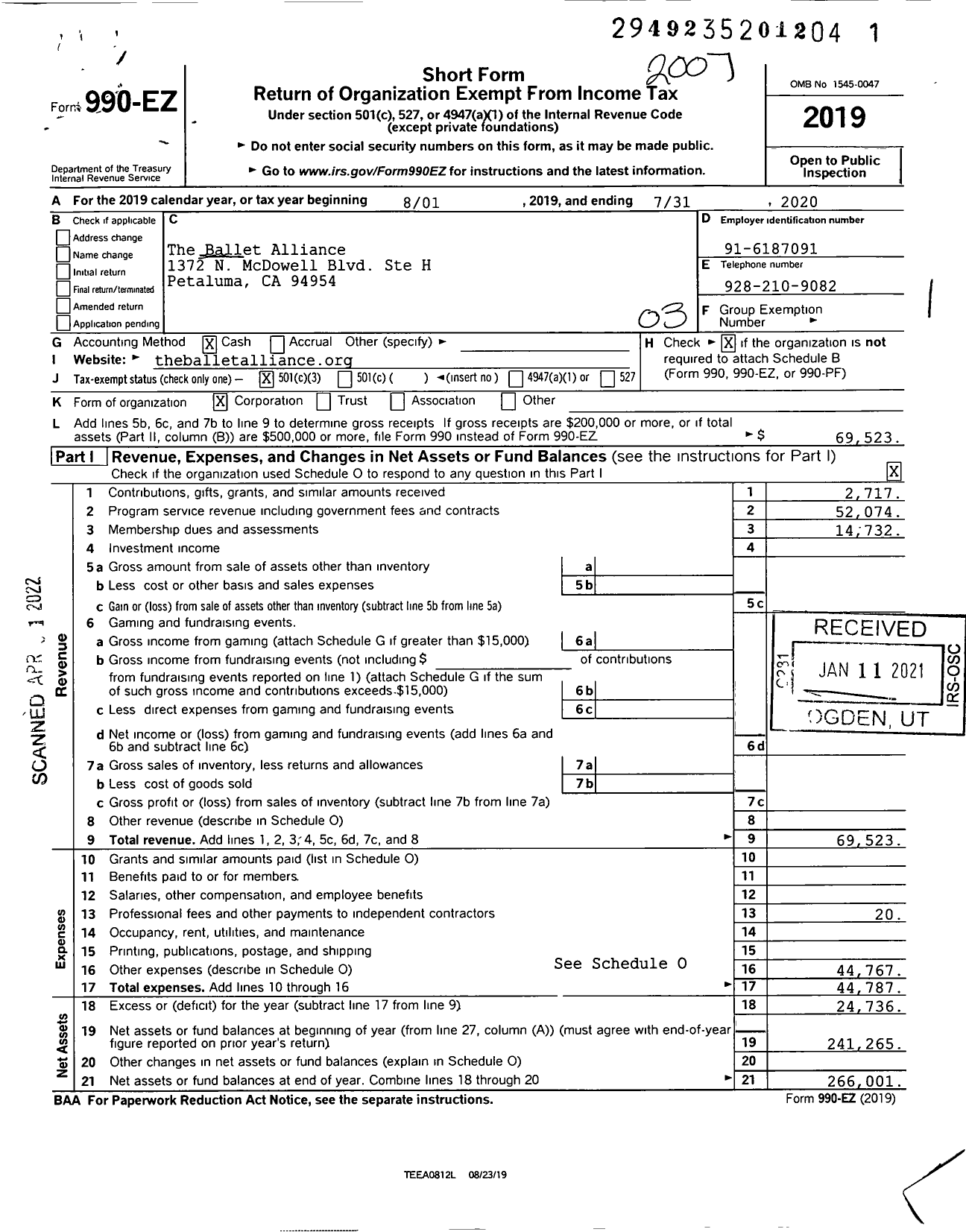 Image of first page of 2019 Form 990EZ for The Ballet Alliance