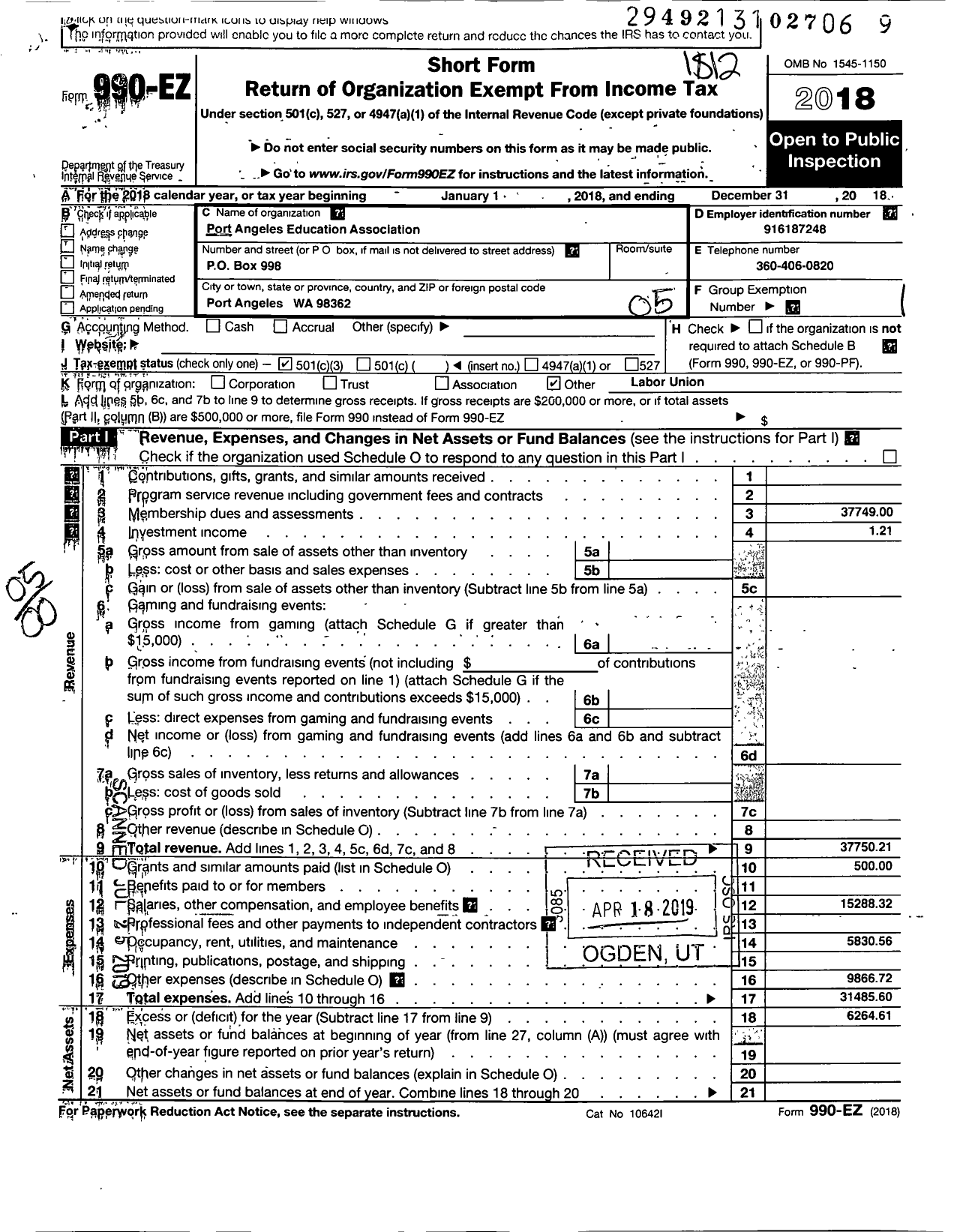 Image of first page of 2018 Form 990EO for Port Angeles Education Association