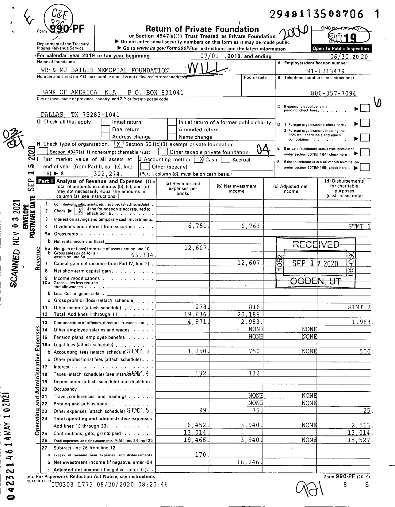 Image of first page of 2019 Form 990PF for William R and Mary J Bailie