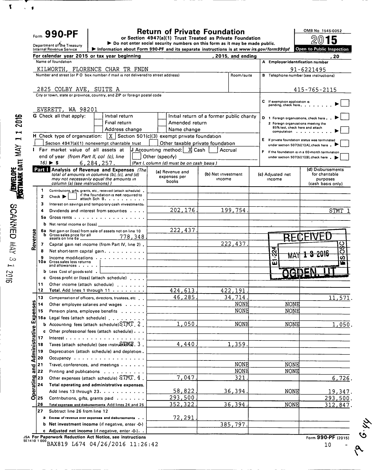 Image of first page of 2015 Form 990PF for Kilworth Florence Charitable Trust FNDN