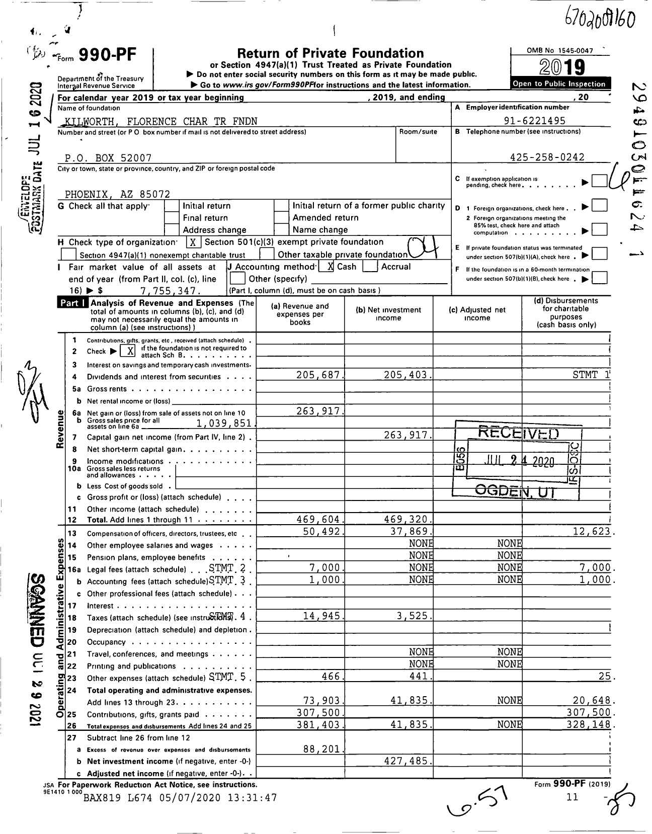 Image of first page of 2019 Form 990PF for Kilworth Florence Charitable Trust FNDN