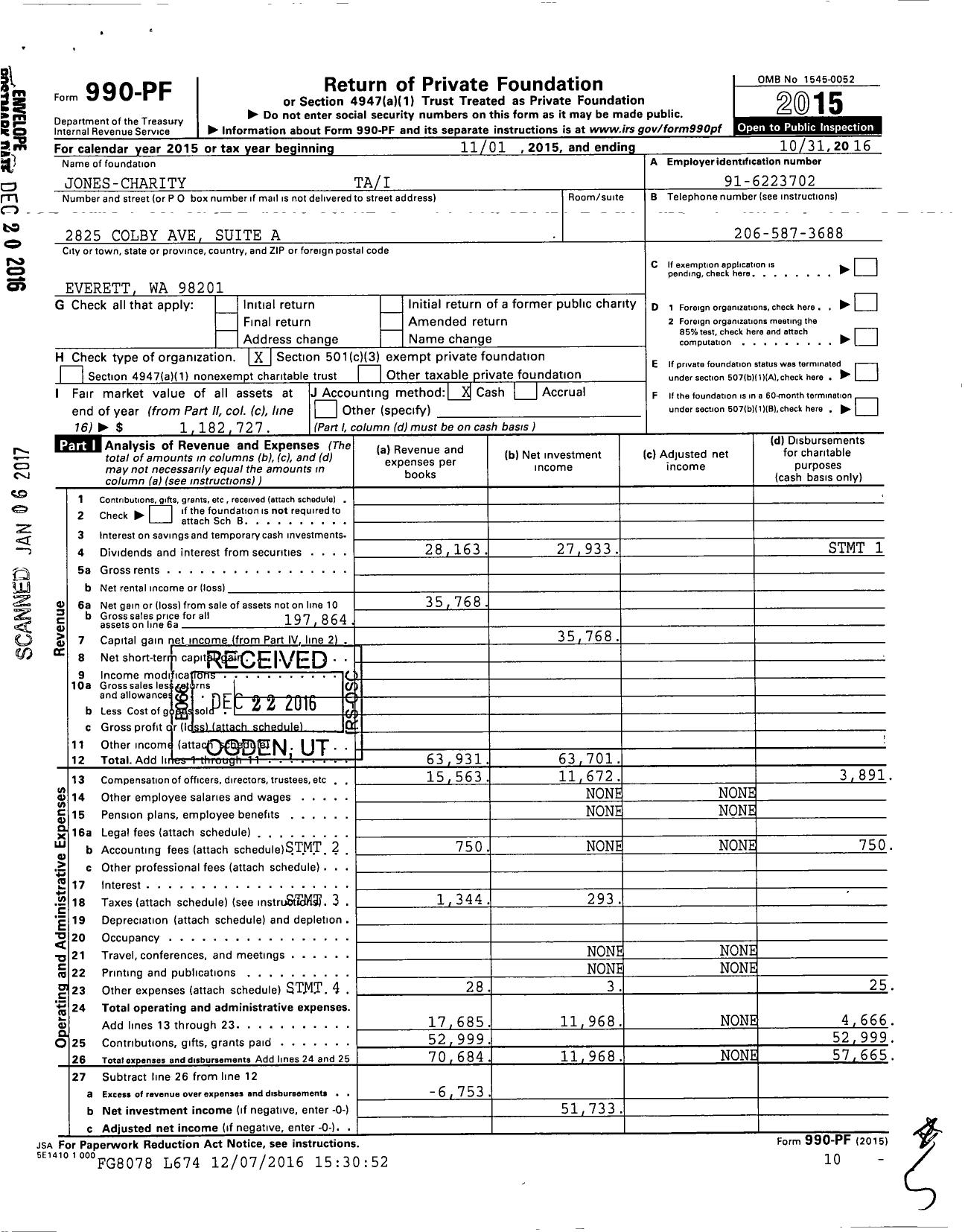 Image of first page of 2015 Form 990PF for Jones-Charity Tai