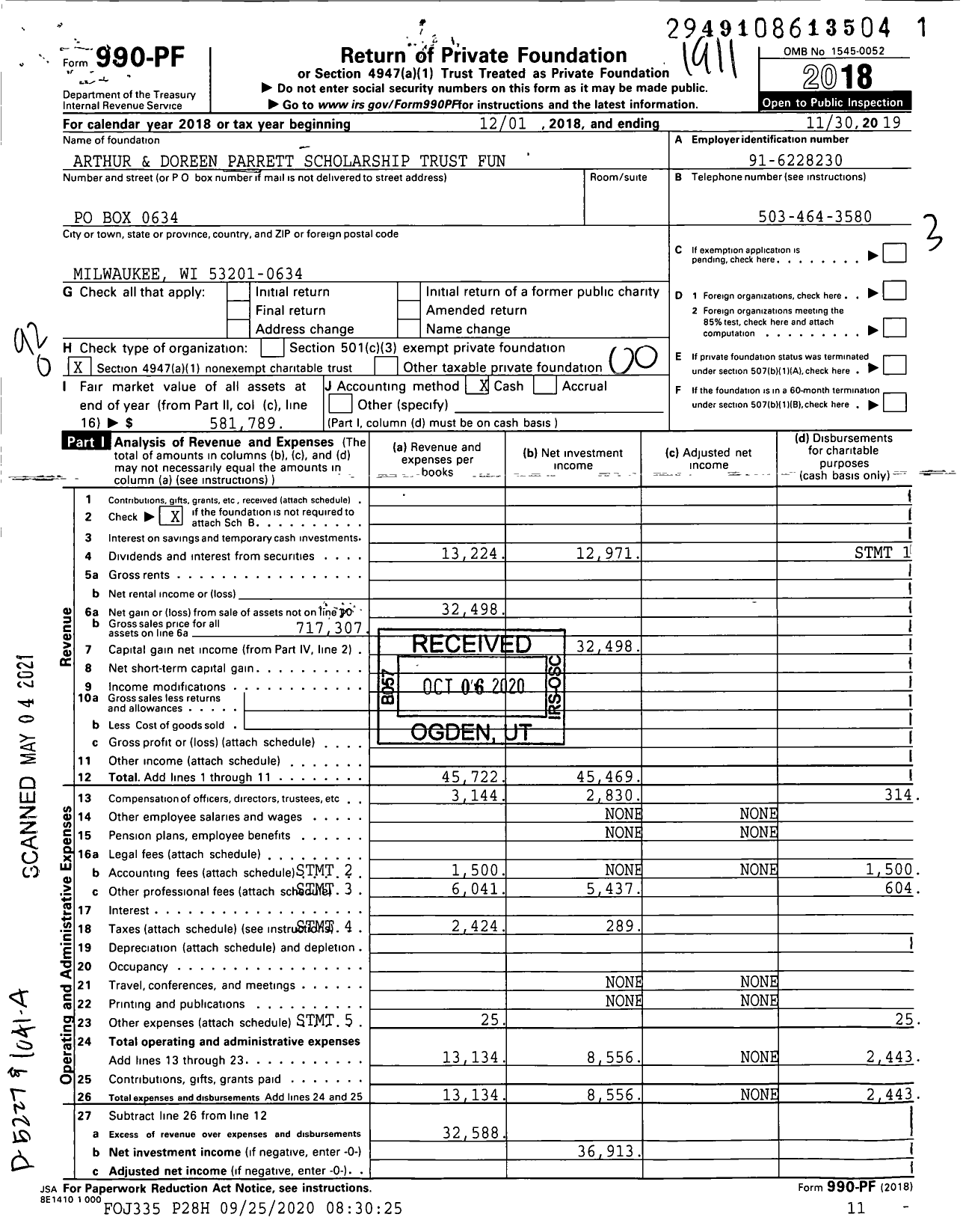 Image of first page of 2018 Form 990PF for Arthur and Doreen Parrett Scholarship Trust Fun