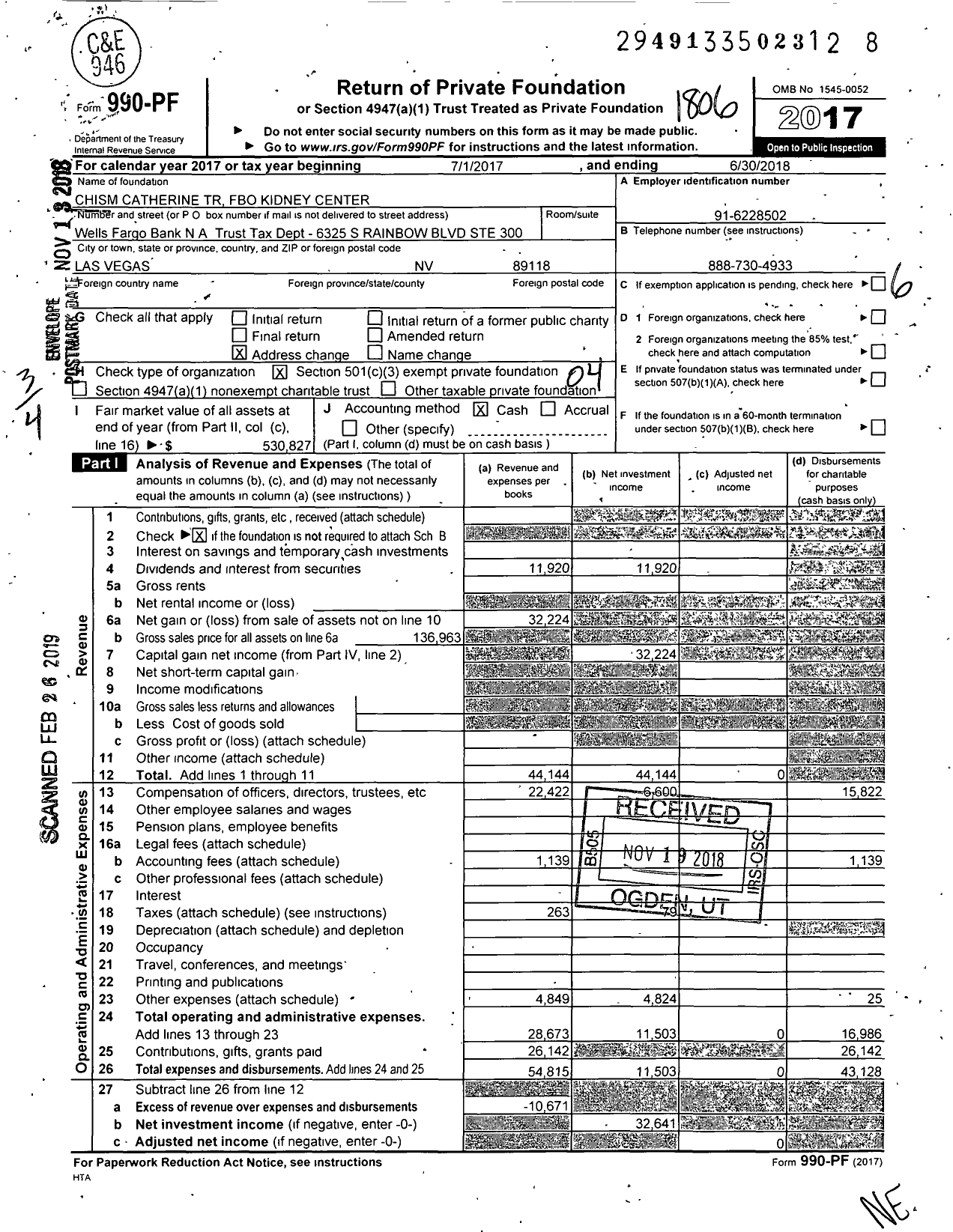 Image of first page of 2017 Form 990PF for Chism Catherine Tuw Fbo Kidney Center