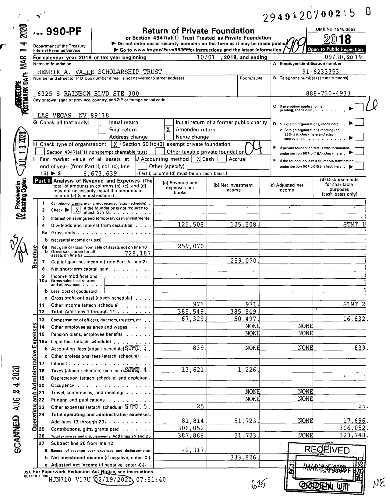 Image of first page of 2018 Form 990PR for Henrik A Valle Scholarship Trust