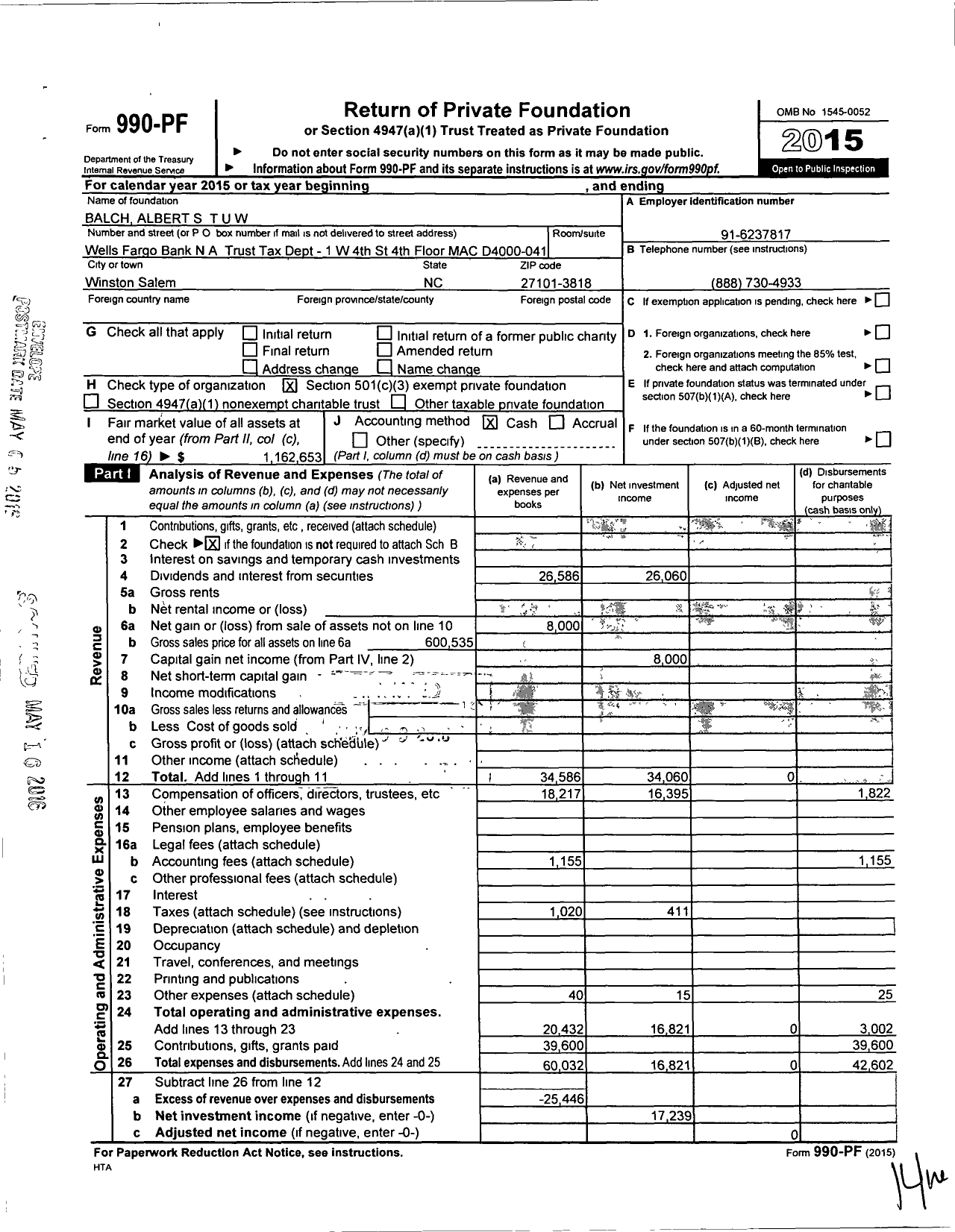 Image of first page of 2015 Form 990PF for Balch Albert S Tuw