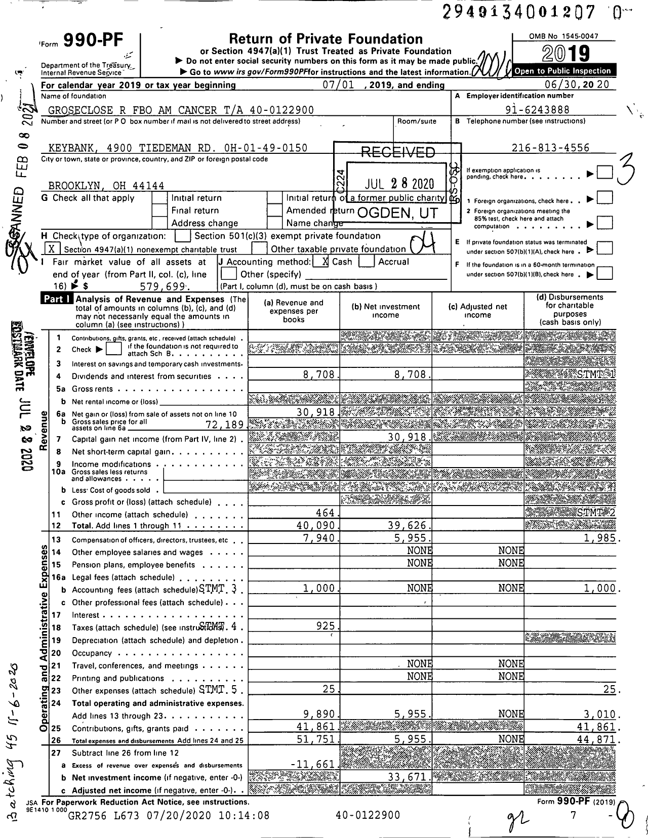 Image of first page of 2019 Form 990PF for Groseclose R Fbo Am Cancer Ta