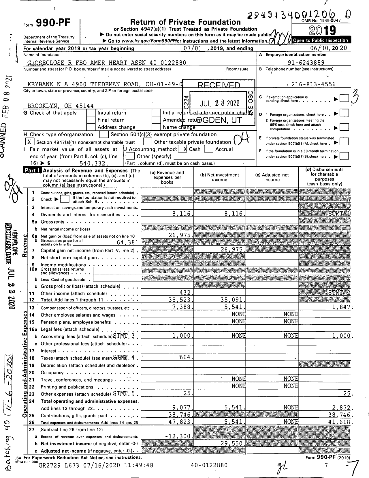 Image of first page of 2019 Form 990PF for Groseclose R Fbo Amer Heart Association