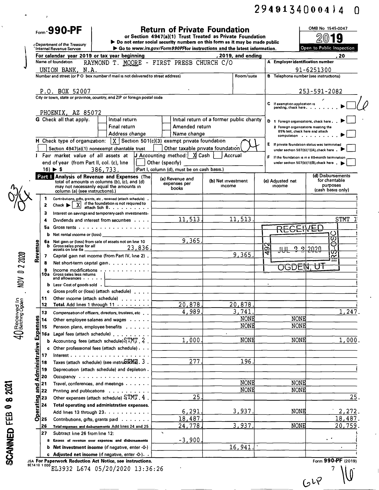 Image of first page of 2019 Form 990PF for Raymond T Moore - First Presb Church