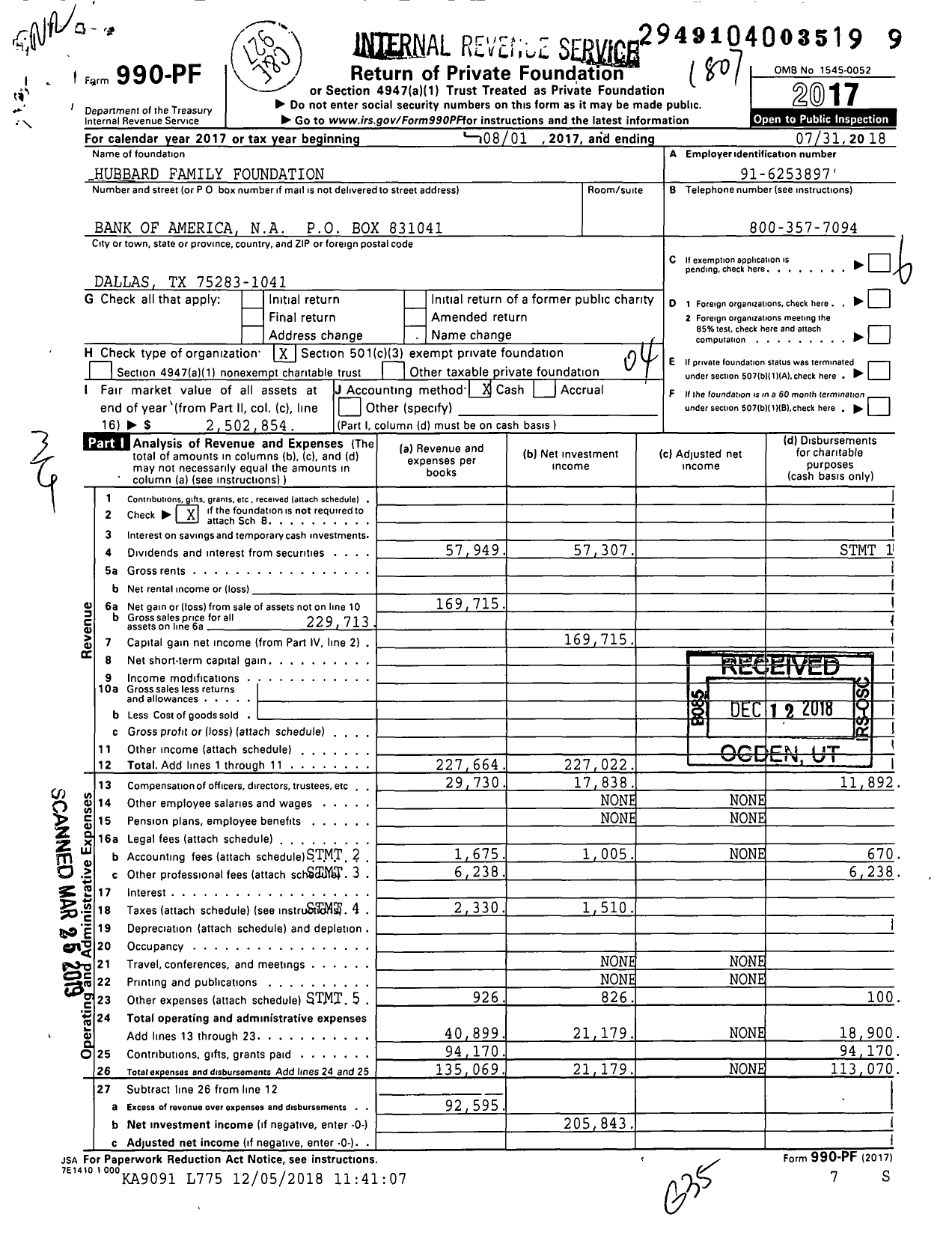 Image of first page of 2017 Form 990PF for Hubbard Family Foundation
