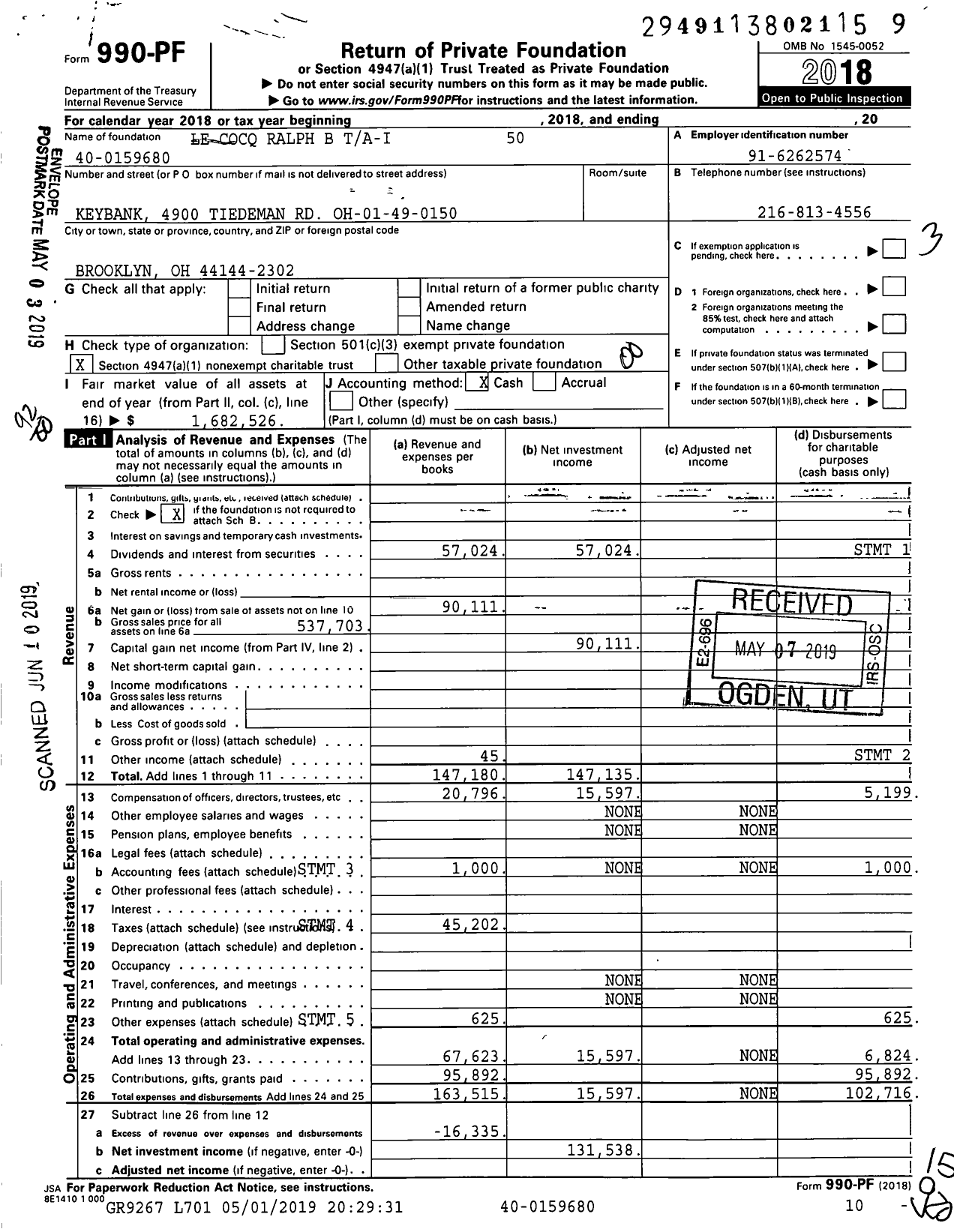 Image of first page of 2018 Form 990PF for Le Cocq Ralph B Ta-I 50