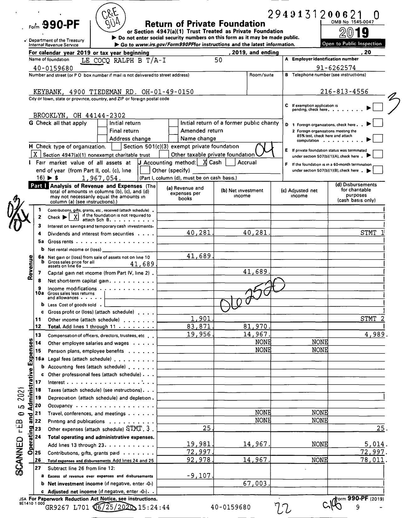 Image of first page of 2019 Form 990PF for Le Cocq Ralph B Ta-I 50