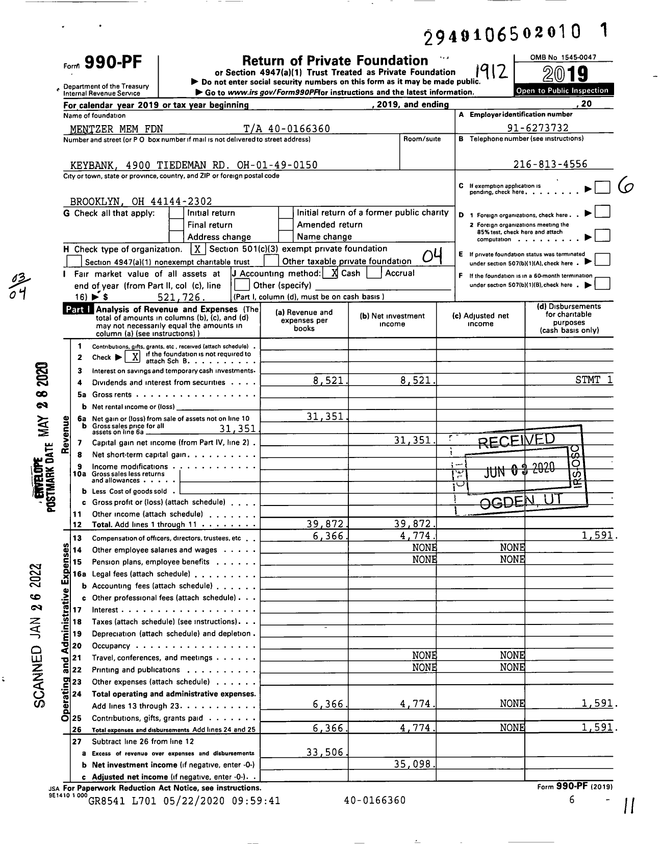 Image of first page of 2019 Form 990PF for Mentzer Mem Foundation Ta