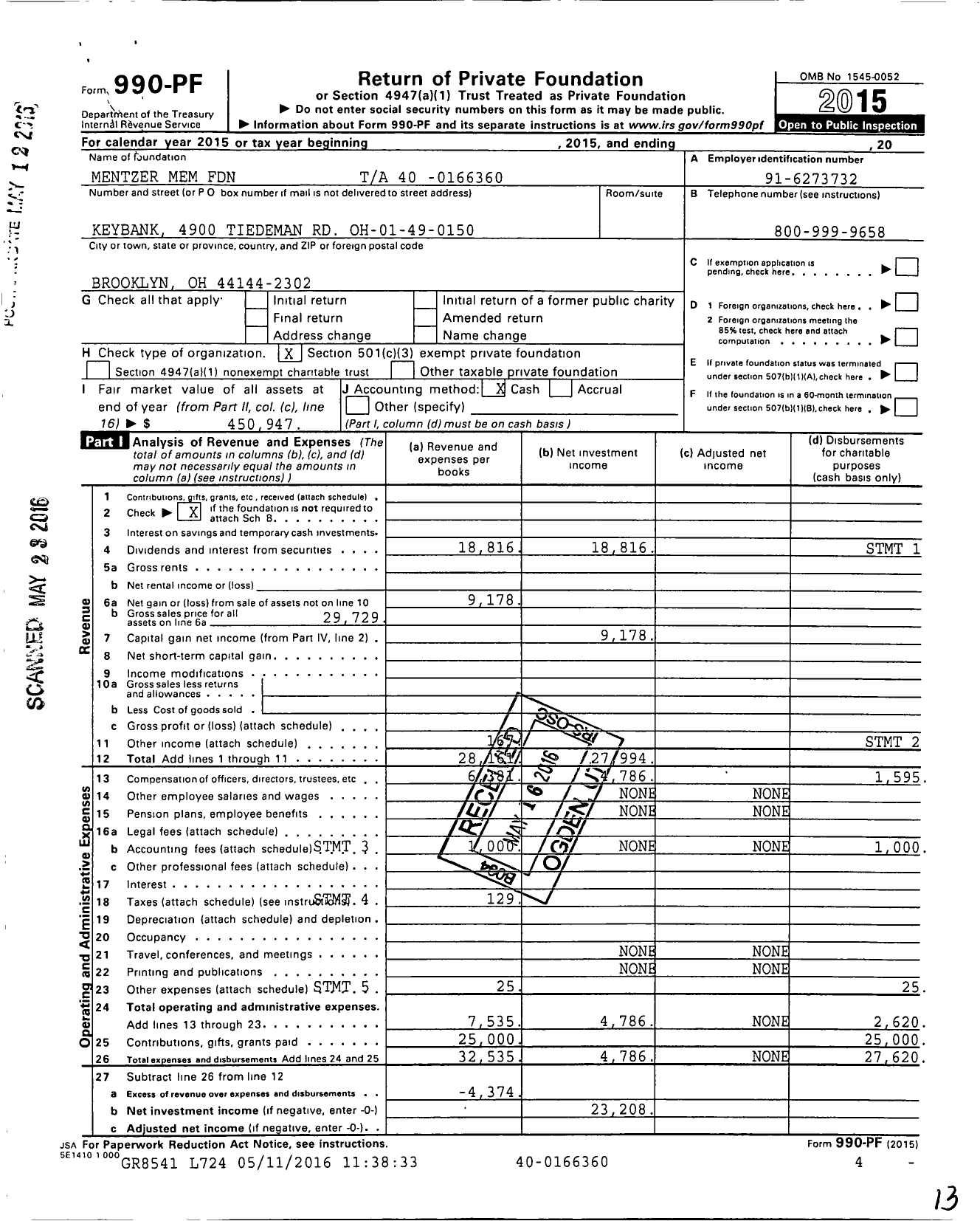 Image of first page of 2015 Form 990PF for Mentzer Mem Foundation Ta