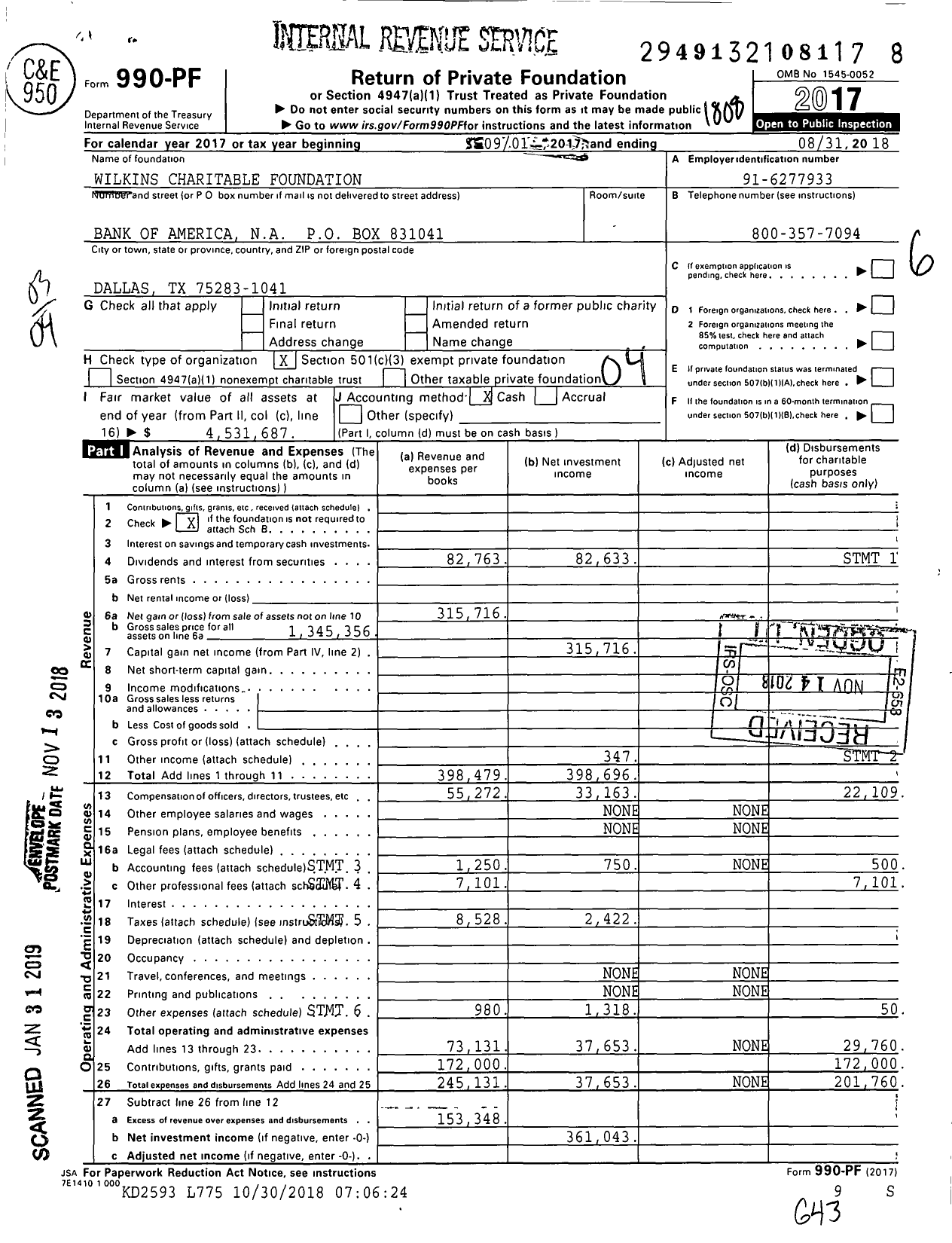 Image of first page of 2017 Form 990PF for Wilkins Charitable Foundation