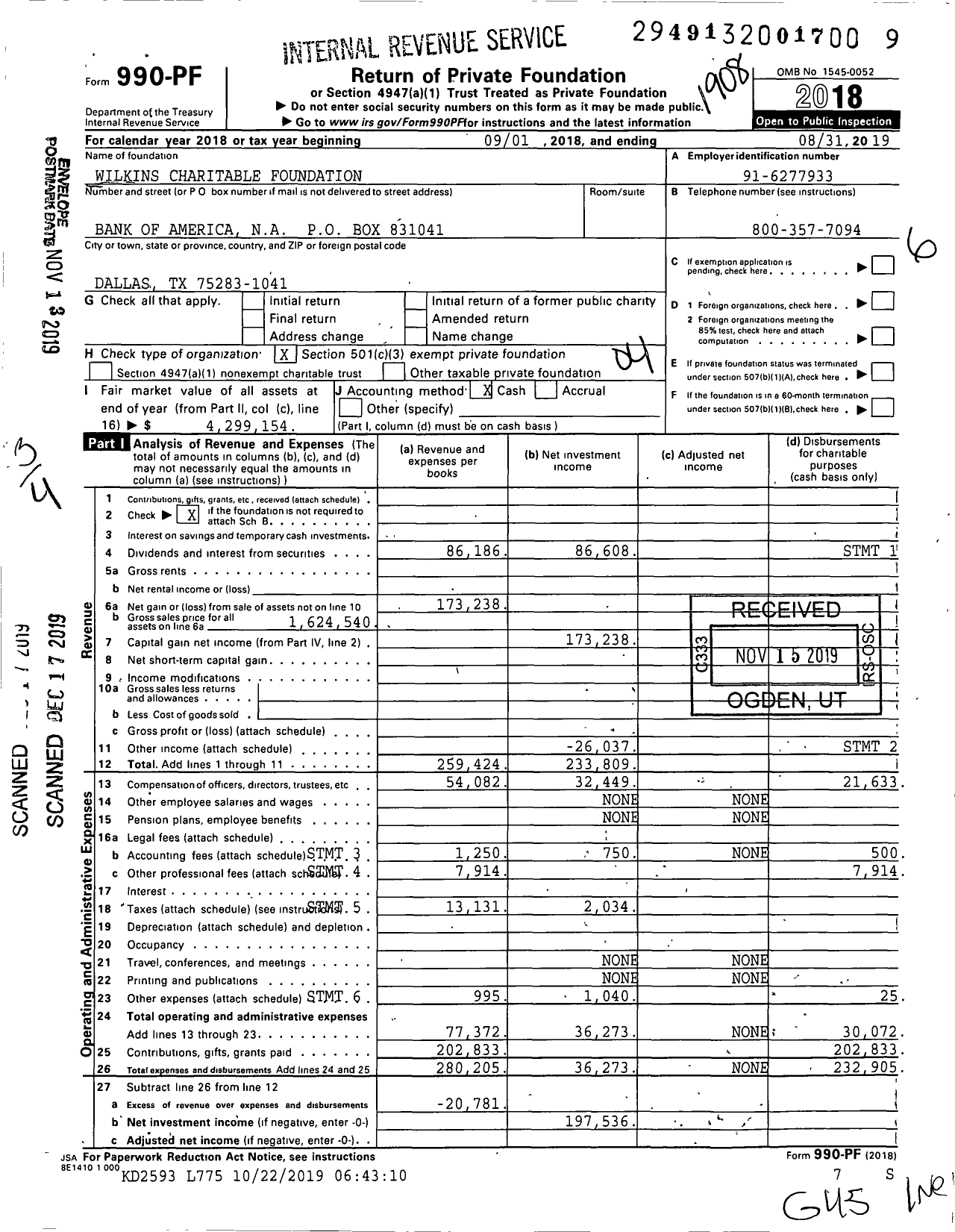 Image of first page of 2018 Form 990PF for Wilkins Charitable Foundation