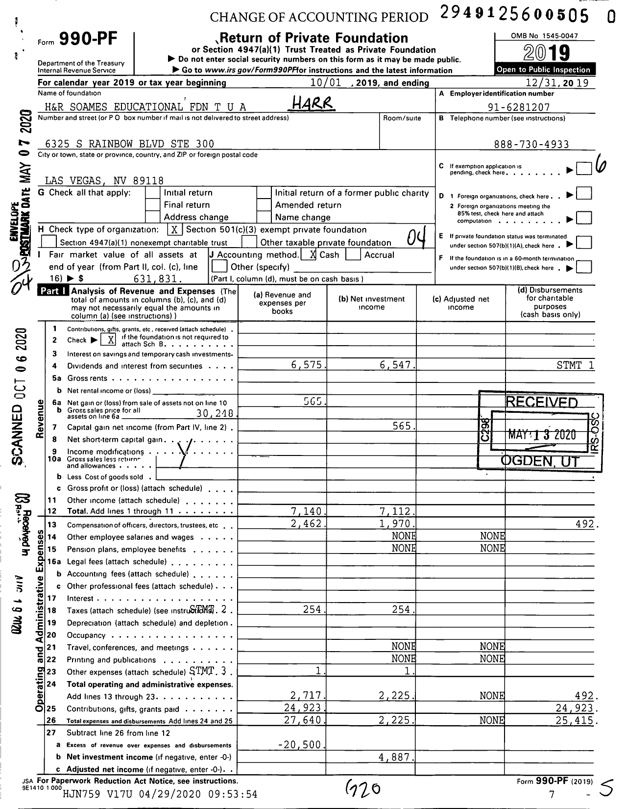 Image of first page of 2019 Form 990PR for H&R Soames Educational Foundation T U A