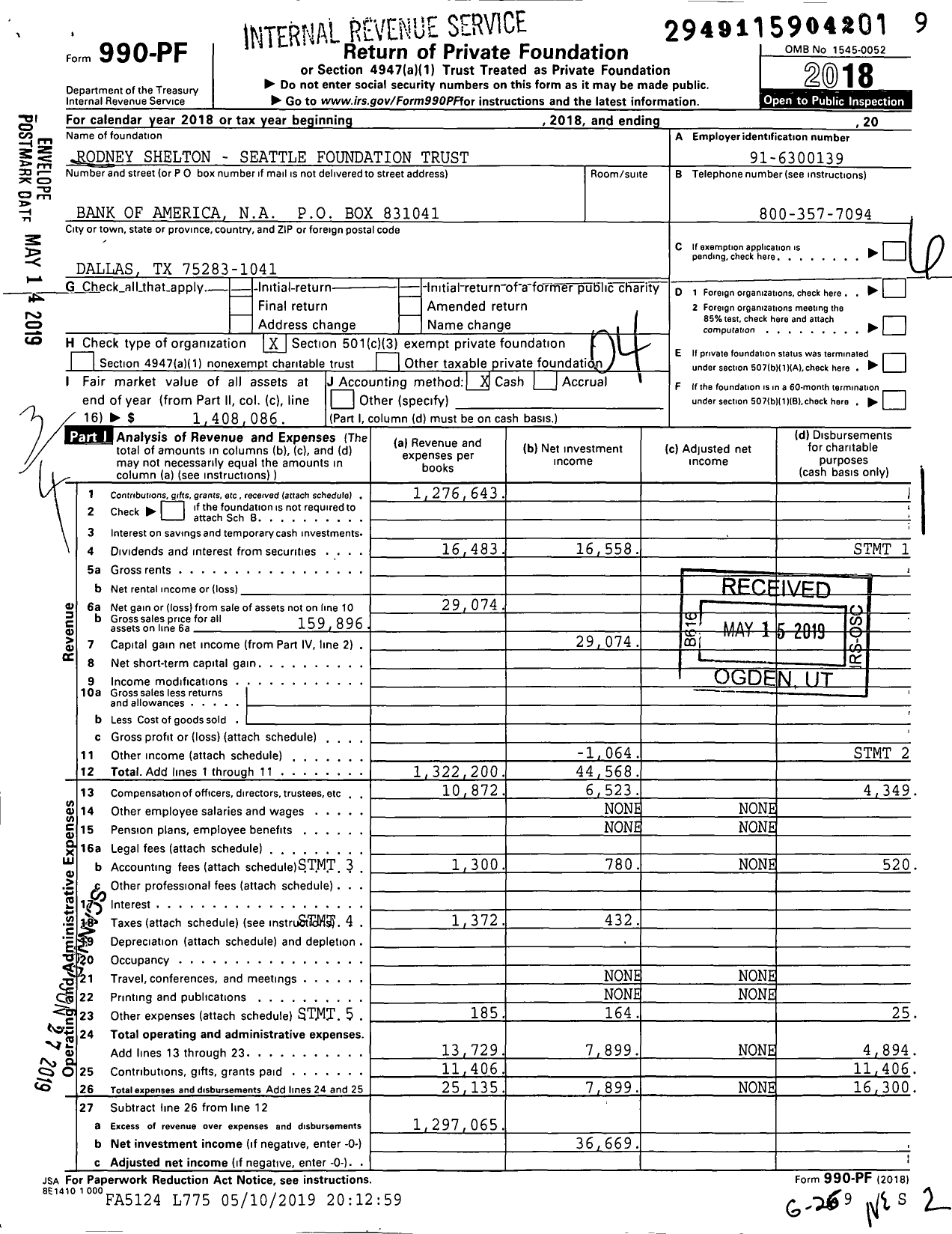 Image of first page of 2018 Form 990PF for Rodney Shelton - Seattle Foundation Trust