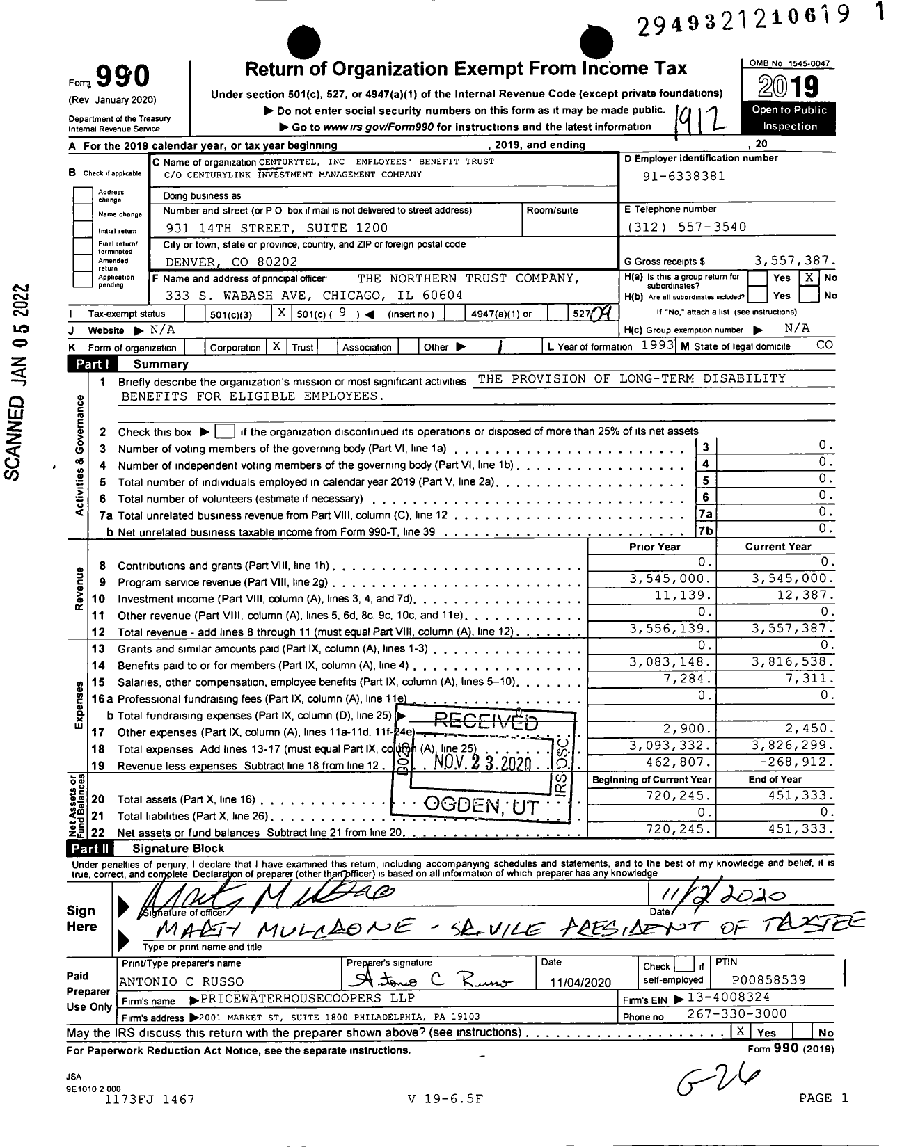 Image of first page of 2019 Form 990O for Centurytel Employees' Benefit Trust