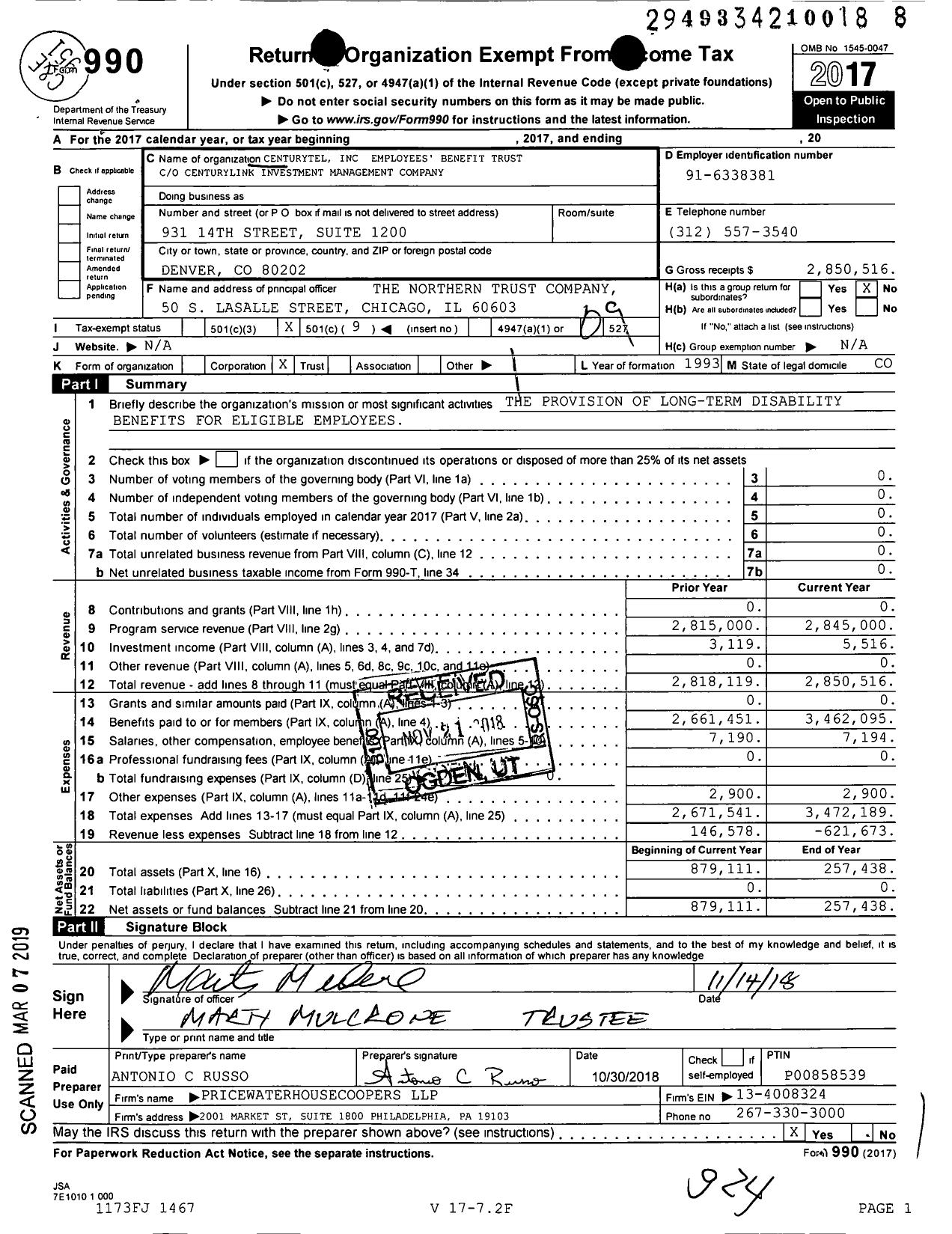 Image of first page of 2017 Form 990O for Centurytel Employees' Benefit Trust