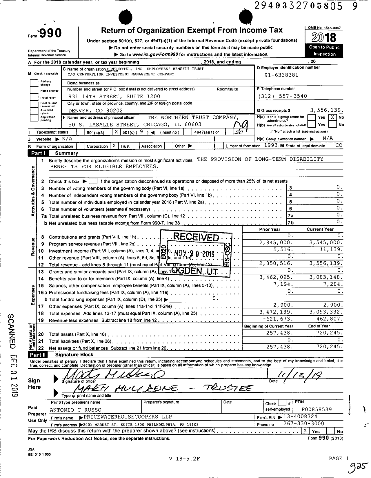 Image of first page of 2018 Form 990O for Centurytel Employees' Benefit Trust