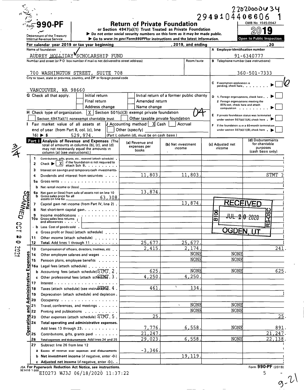 Image of first page of 2019 Form 990PF for Audrey Holliday Scholarship Fund