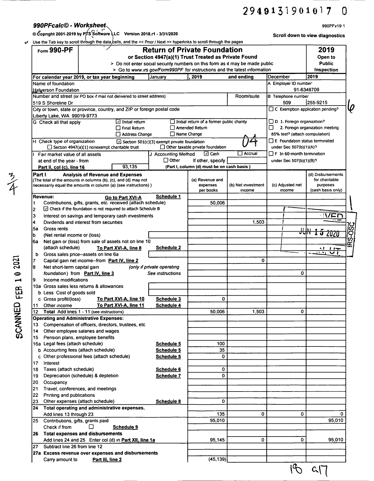 Image of first page of 2019 Form 990PF for Halverson Foundation