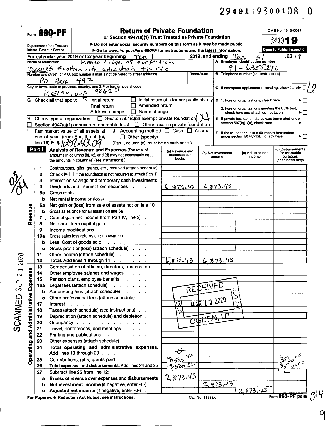 Image of first page of 2019 Form 990PR for Davies Scottish Rite Education Trust