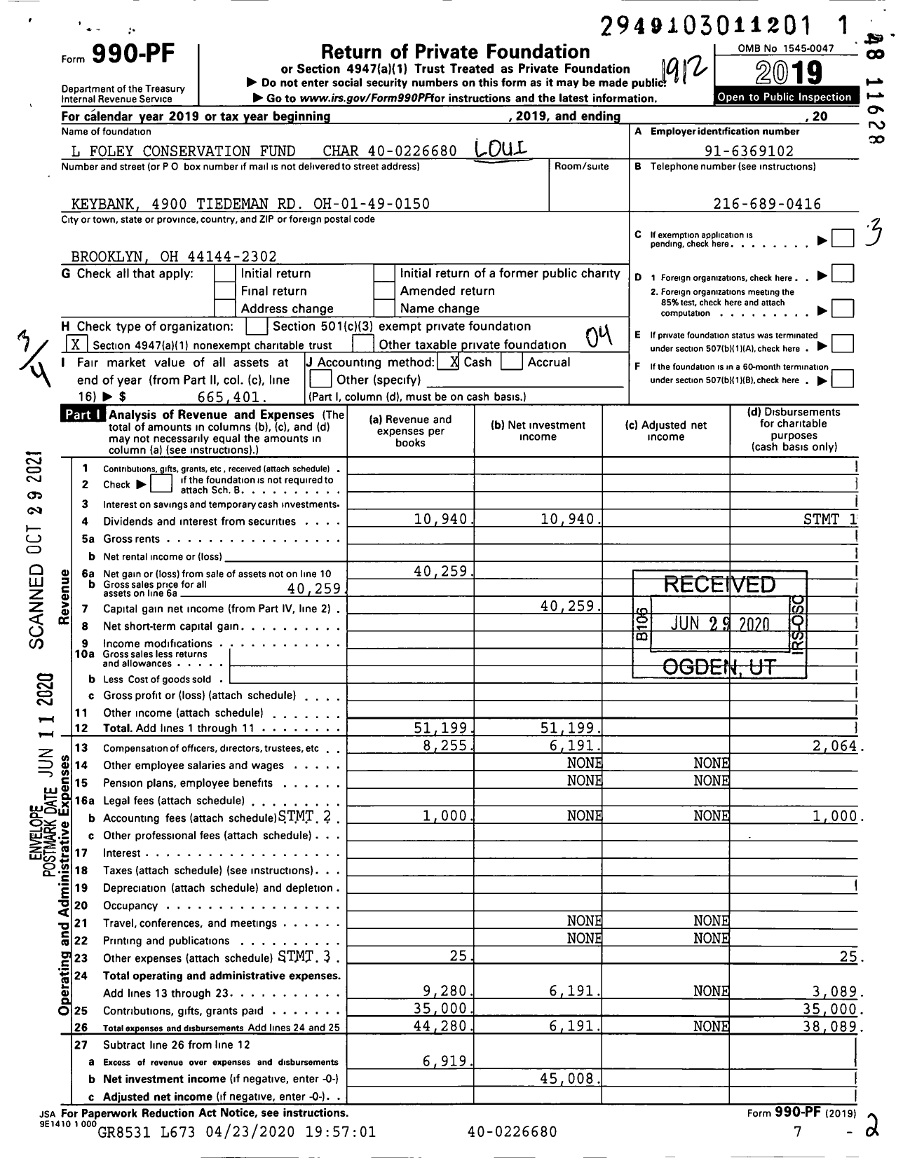 Image of first page of 2019 Form 990PF for Louise Foley Conservation Fund