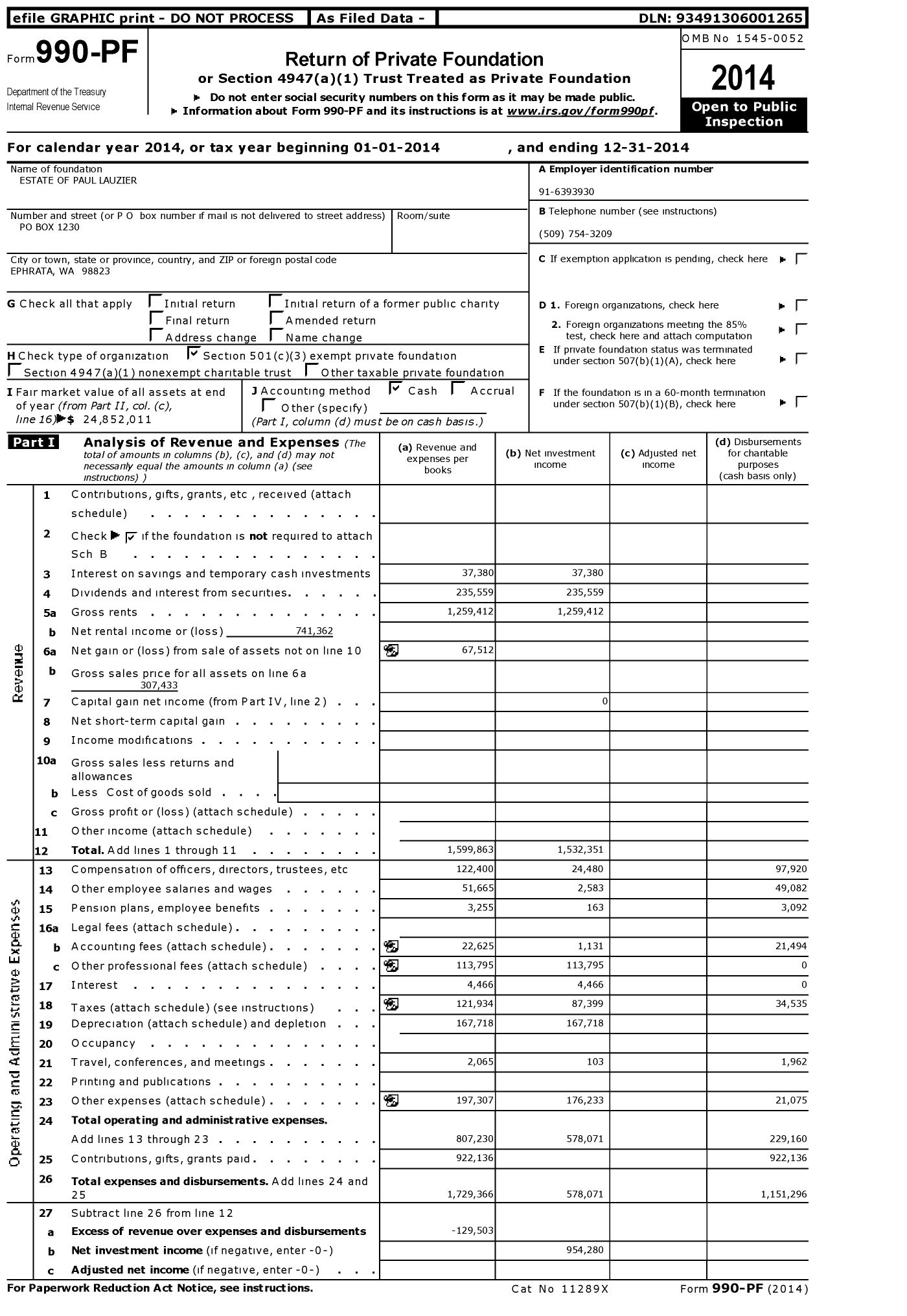 Image of first page of 2014 Form 990PF for Estate of Paul Lauzier