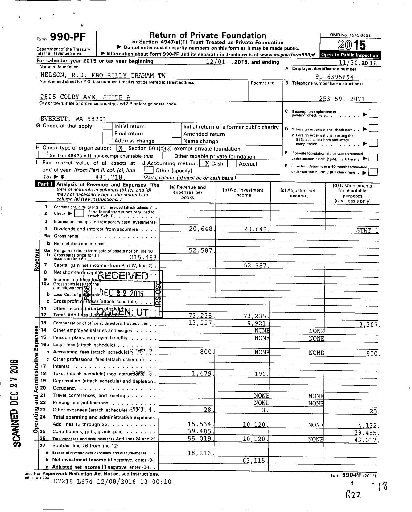 Image of first page of 2015 Form 990PF for Nelson Rd Charitable Trust TW