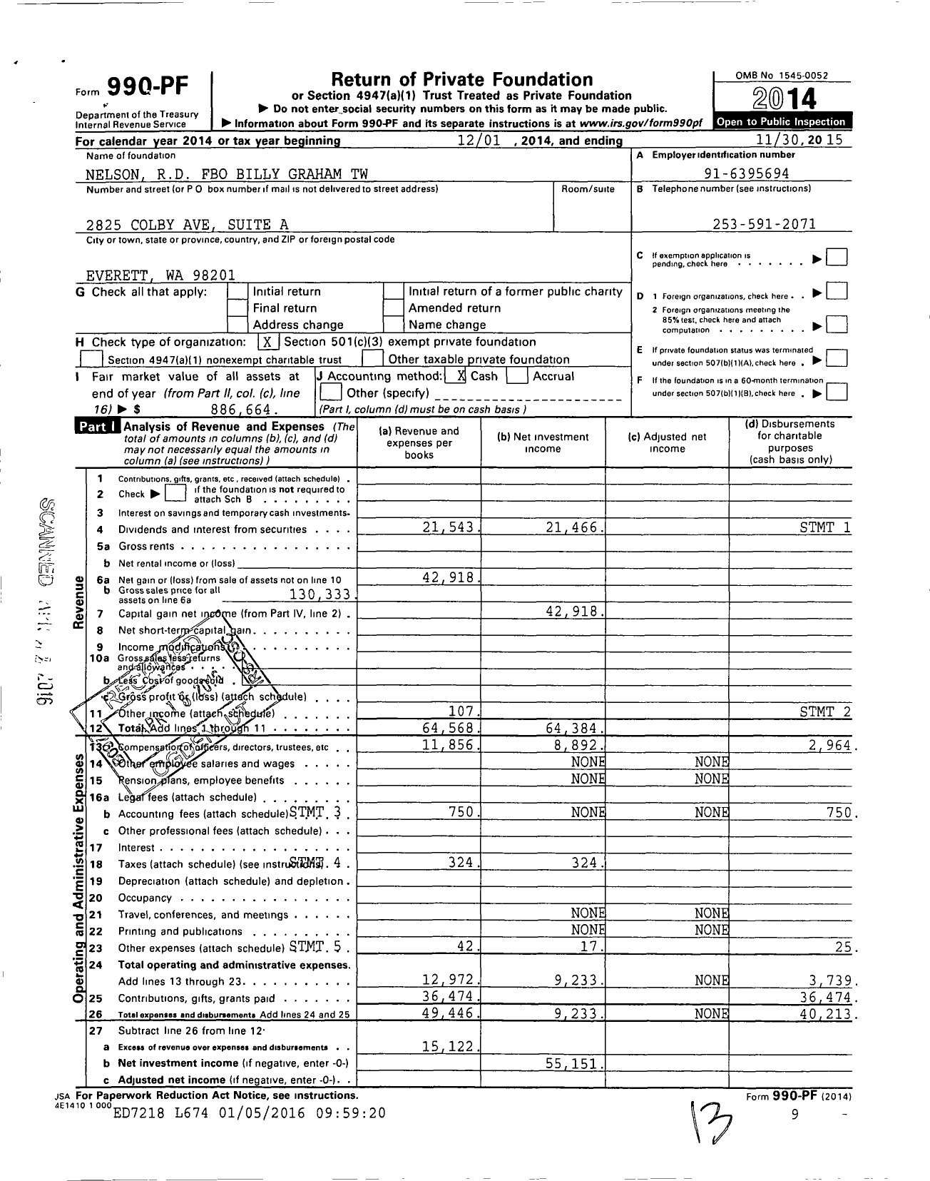Image of first page of 2014 Form 990PF for Nelson Rd Charitable Trust TW