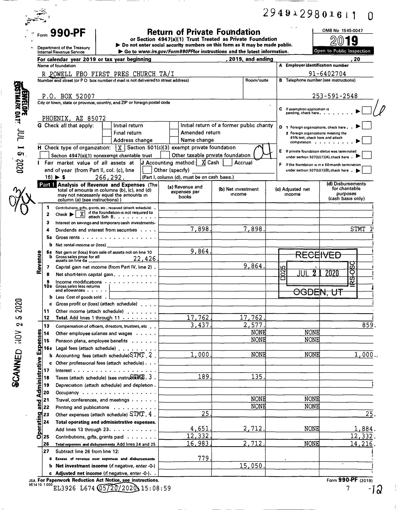 Image of first page of 2019 Form 990PF for R Powell Fbo First Pres Church Tai
