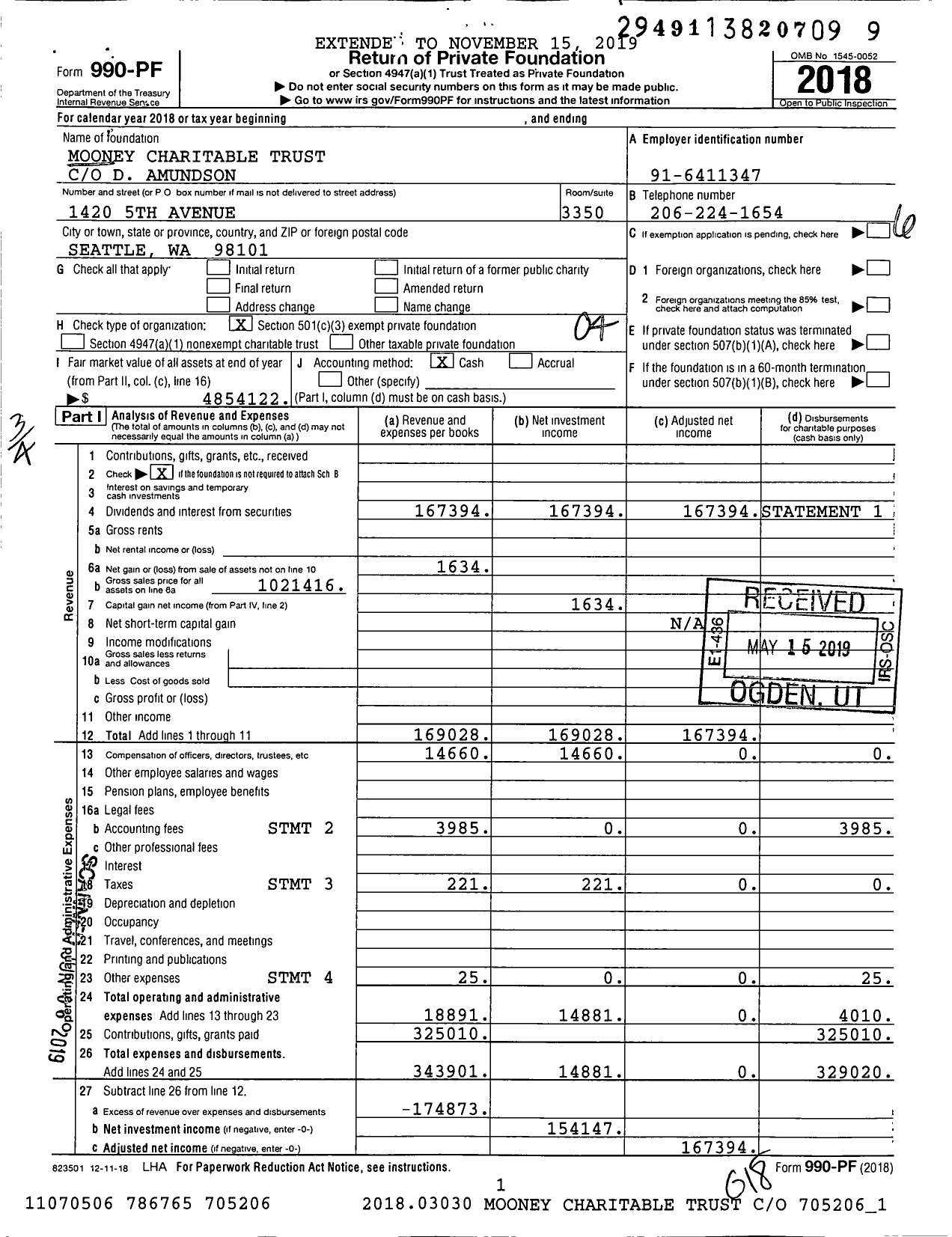 Image of first page of 2018 Form 990PF for Mooney Charitable Trust