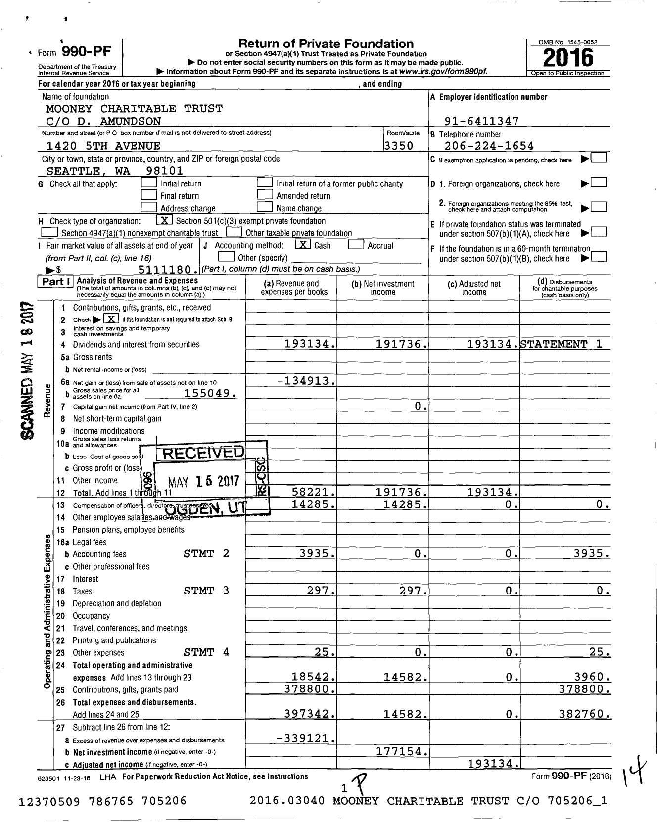 Image of first page of 2016 Form 990PF for Mooney Charitable Trust