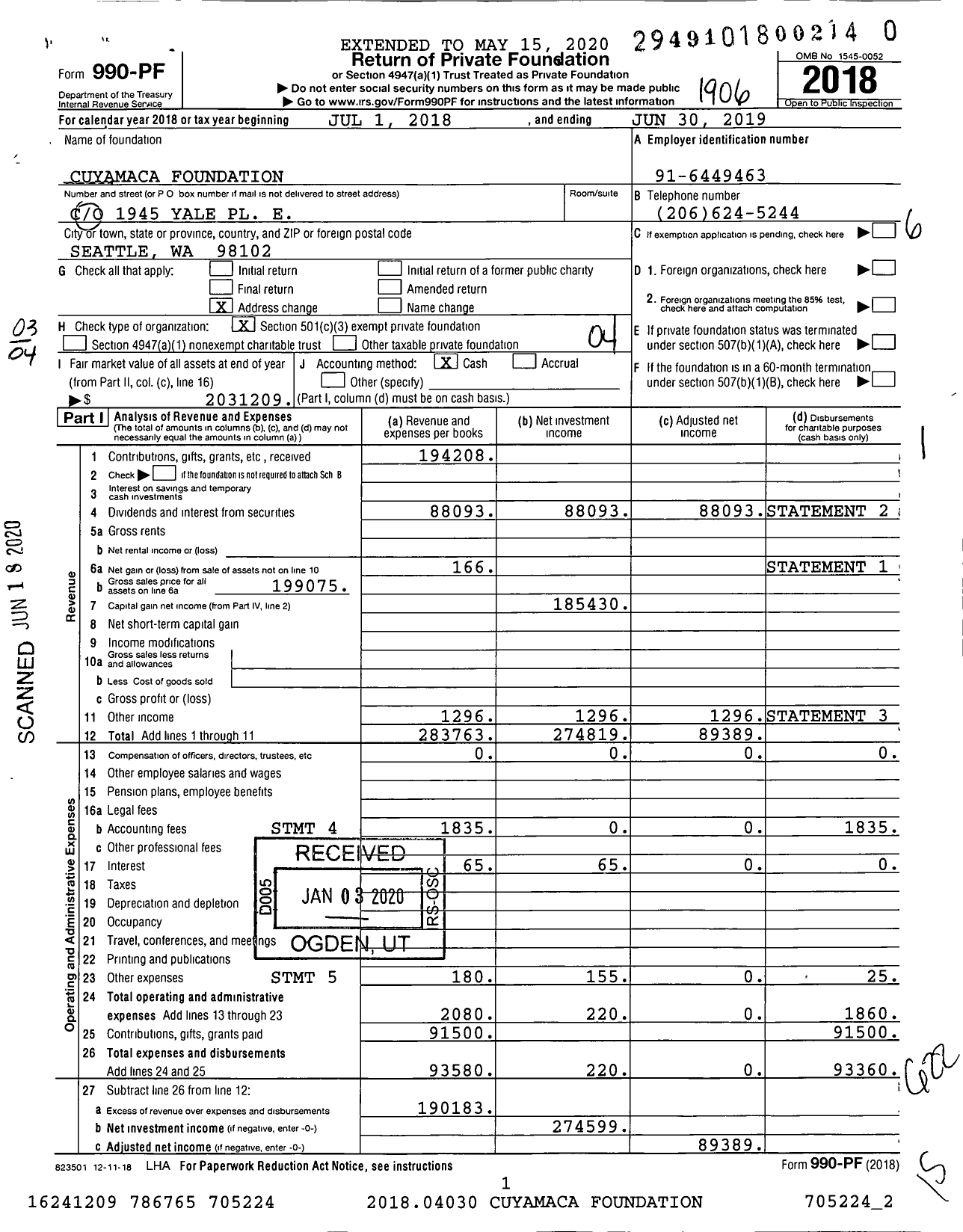 Image of first page of 2018 Form 990PR for Cuyamaca Foundation