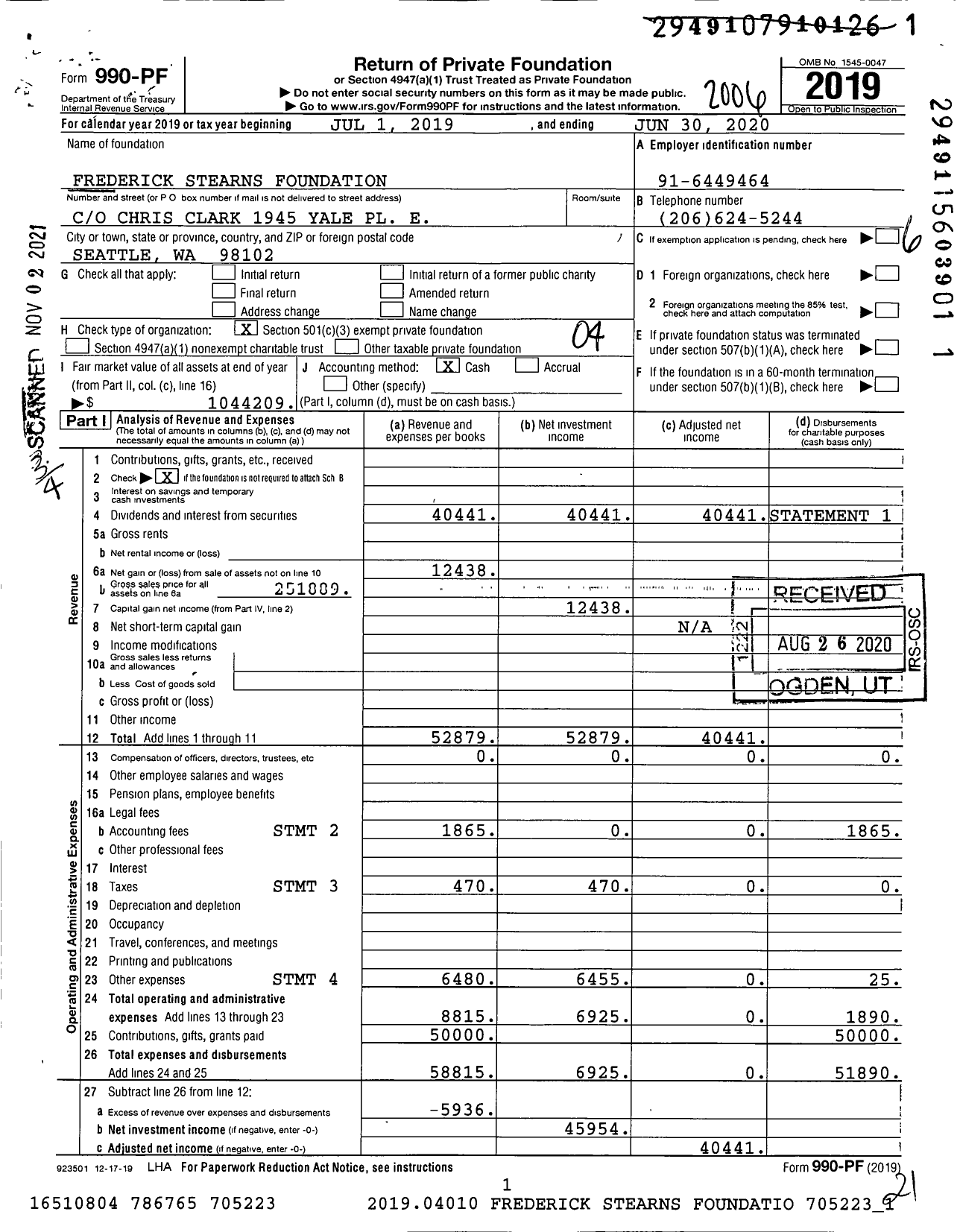 Image of first page of 2019 Form 990PF for Frederick Stearns Foundation