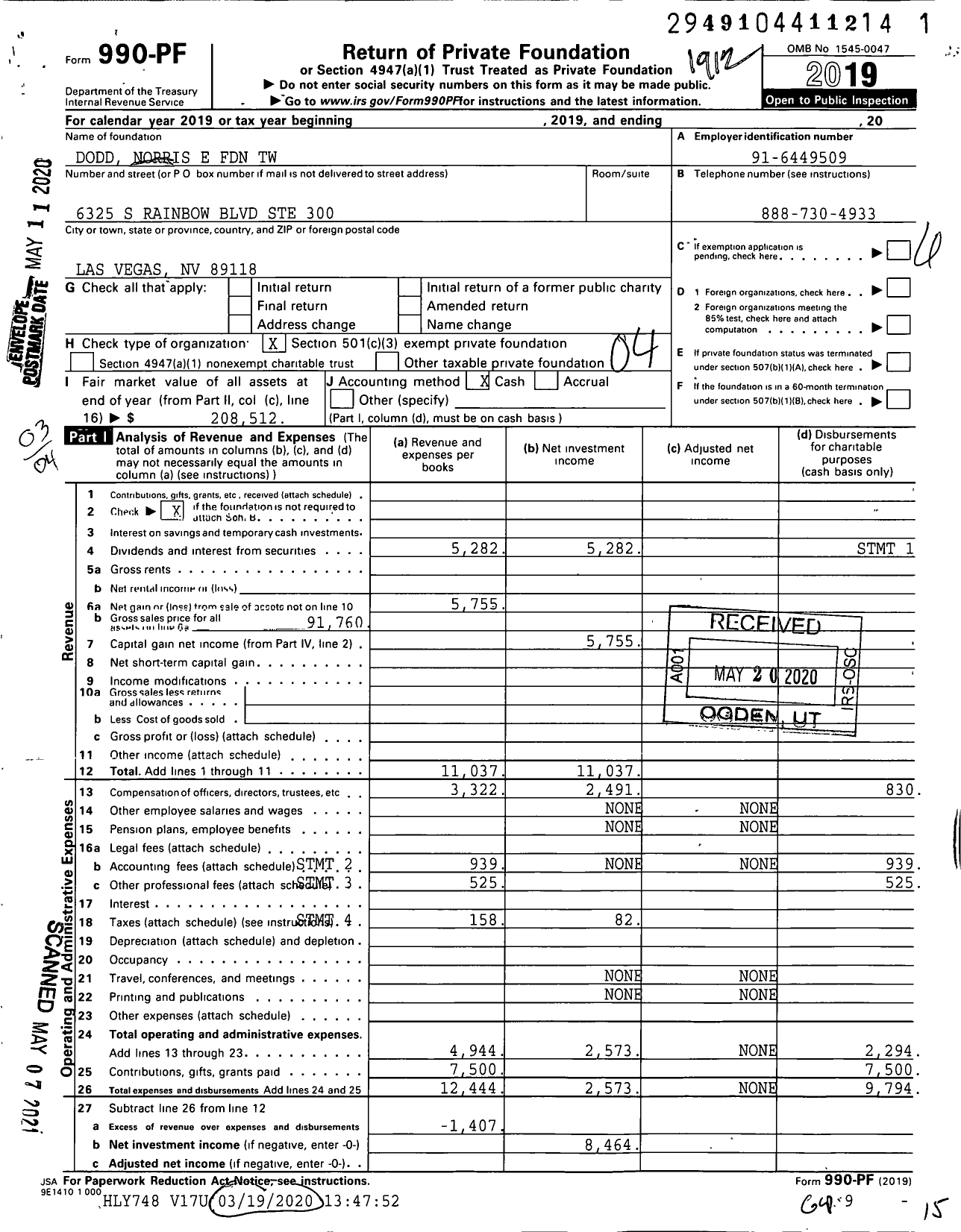 Image of first page of 2019 Form 990PF for Dodd Norris E Foundation TW