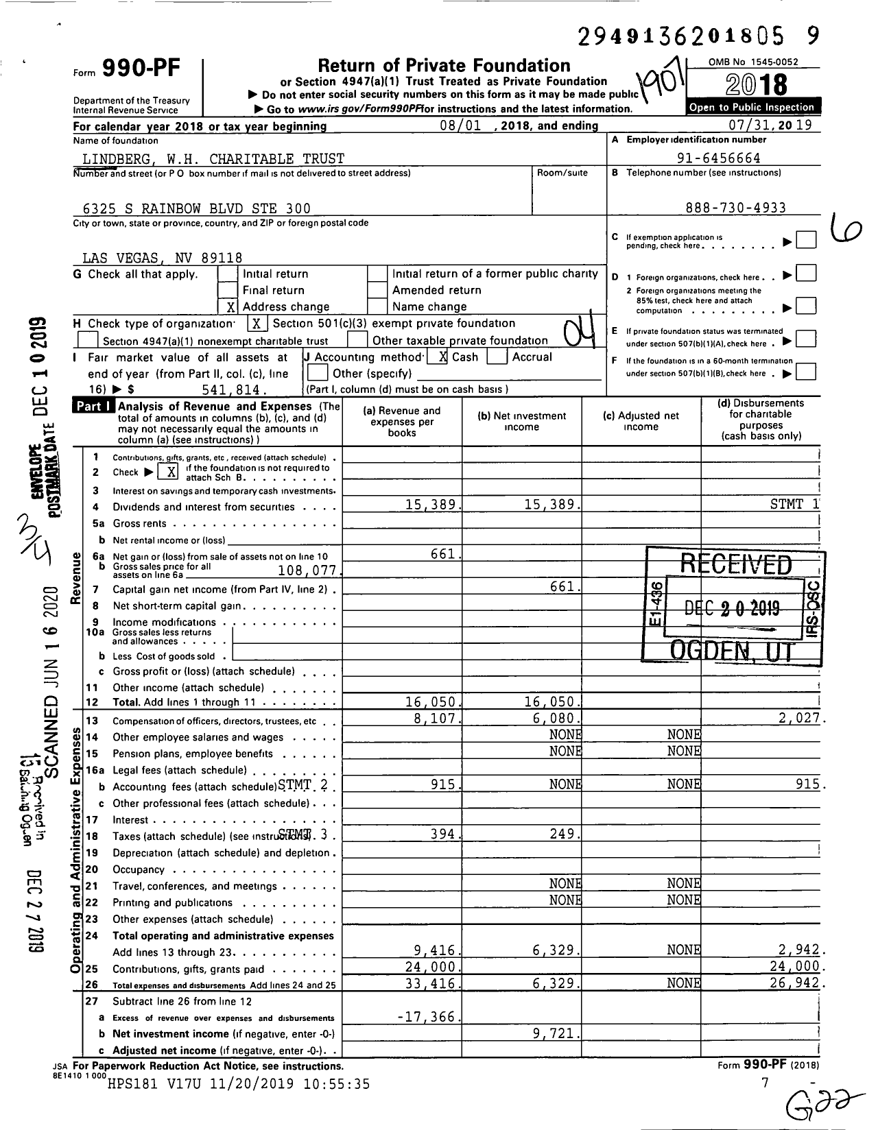 Image of first page of 2018 Form 990PR for Lindberg WH Charitable Trust