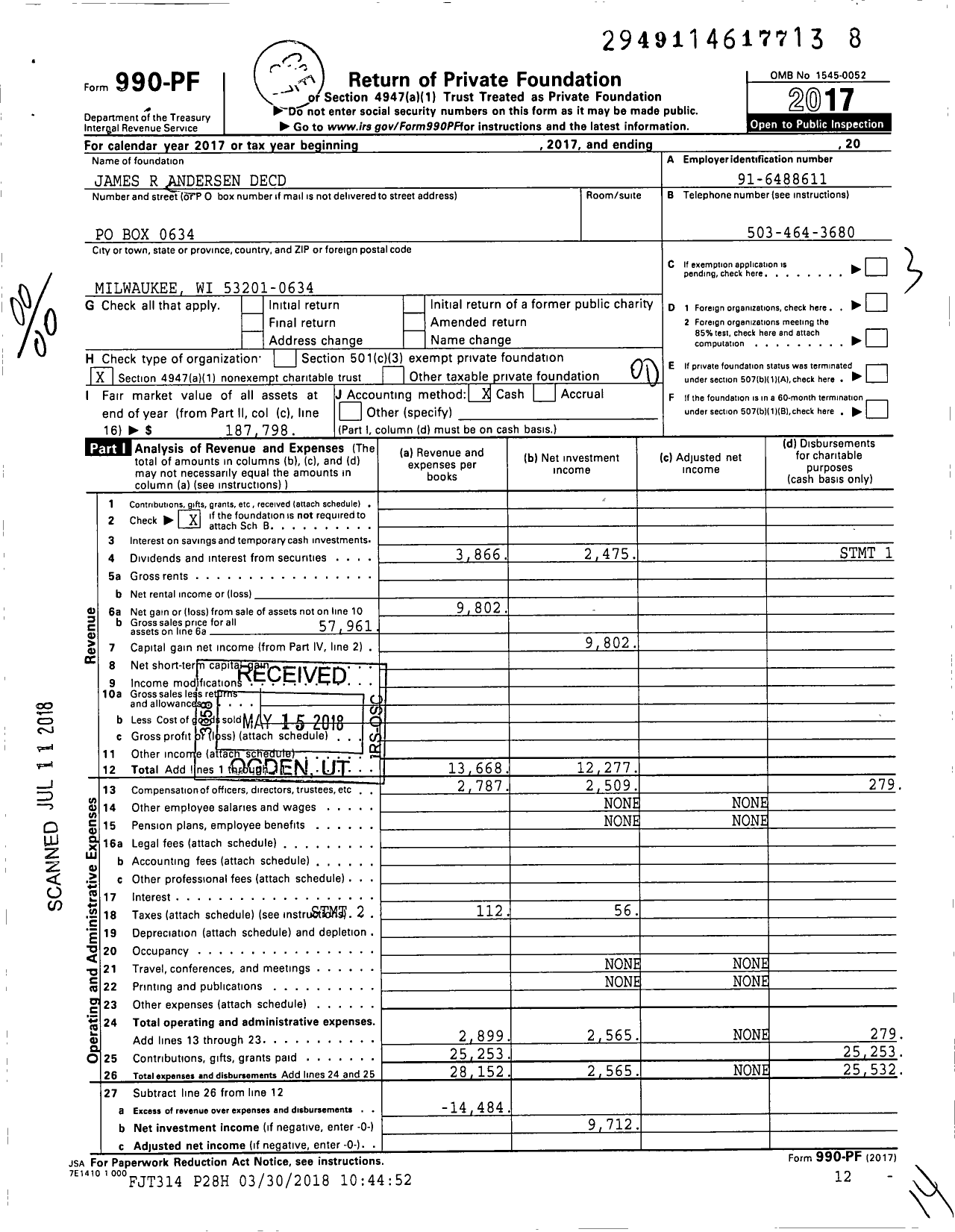 Image of first page of 2017 Form 990PF for James R Andersen Decd