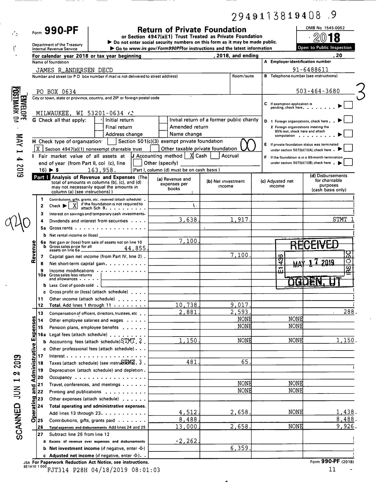 Image of first page of 2018 Form 990PF for James R Andersen Decd