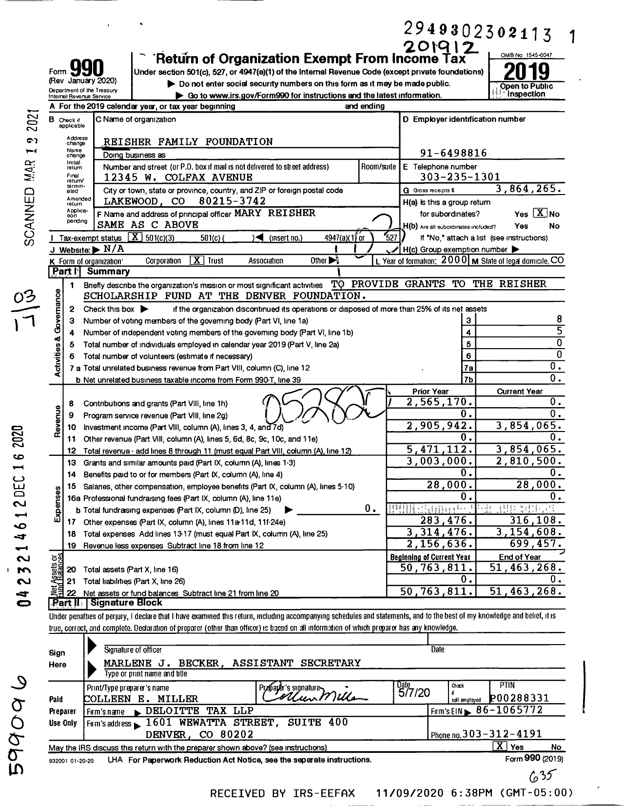 Image of first page of 2019 Form 990 for Reisher Family Foundation