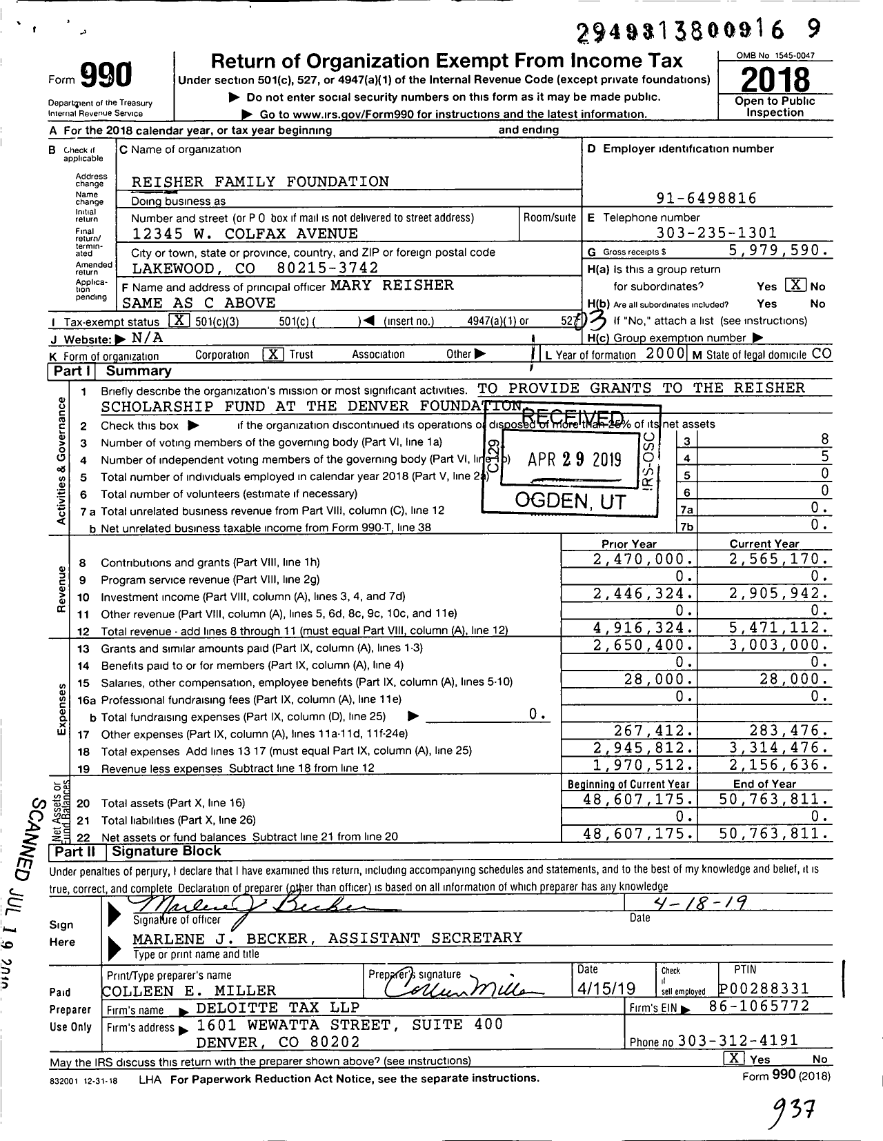 Image of first page of 2018 Form 990 for Reisher Family Foundation