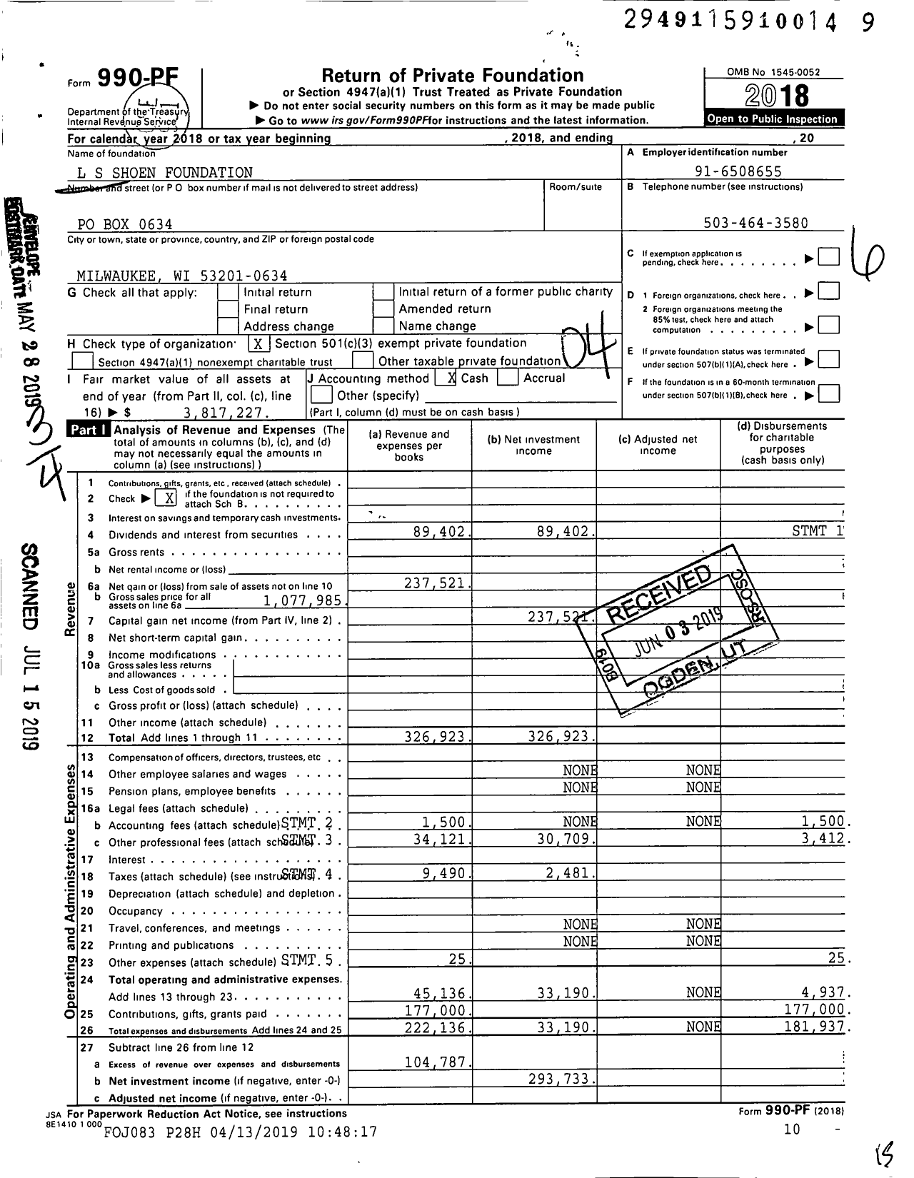 Image of first page of 2018 Form 990PF for L S Shoen Foundation