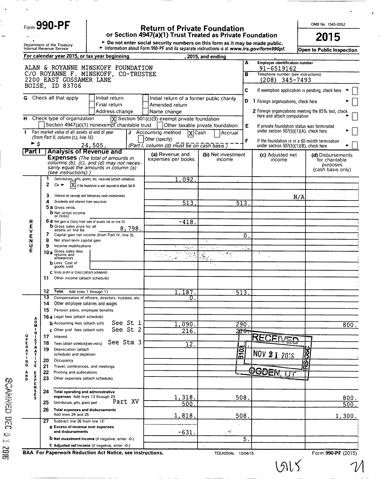 Image of first page of 2015 Form 990PF for Alan and Royanne Minskoff Foundation