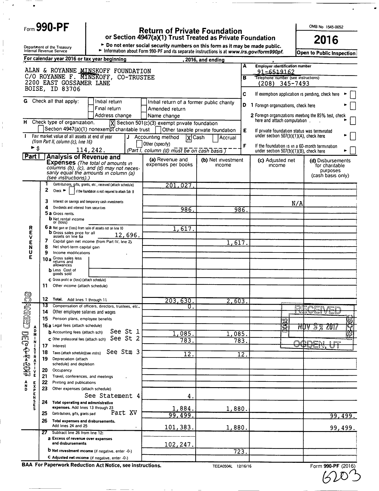 Image of first page of 2016 Form 990PF for Alan and Royanne Minskoff Foundation